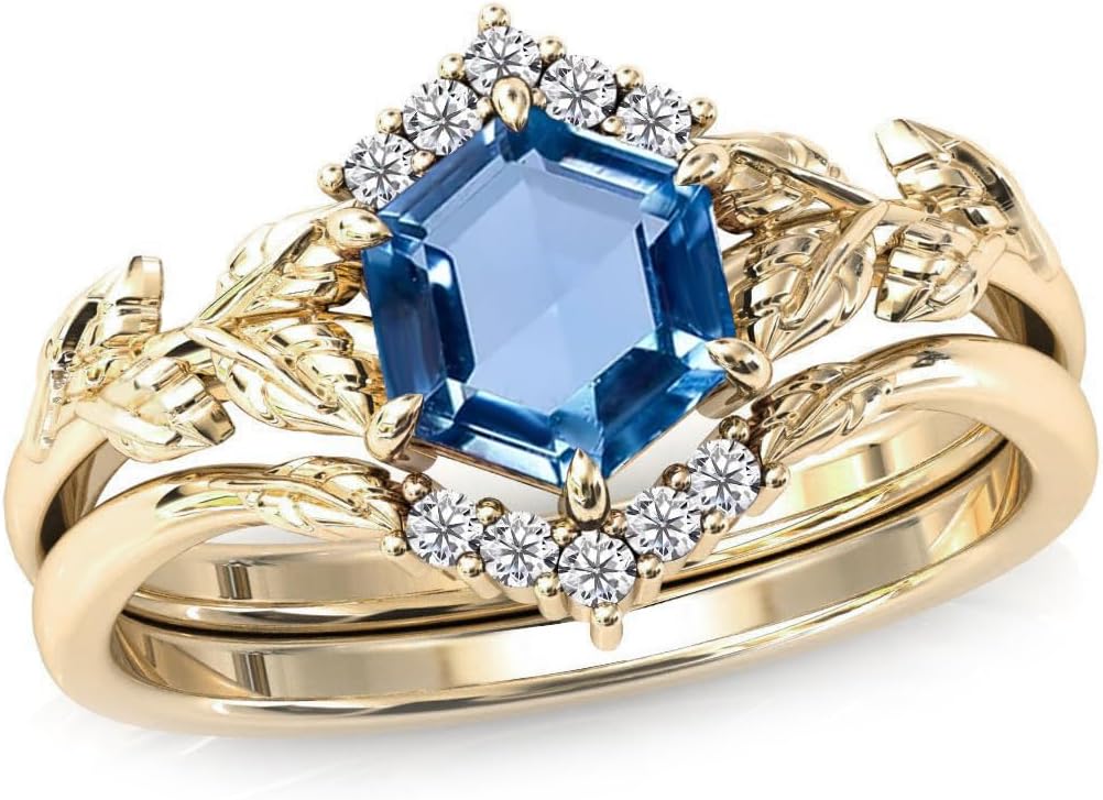 Hexagon Cut Gemstone Engagement Ring Set for Women 10K 14K 18K Gold Vintage 7 MM Gemstone Art Deco Leaf Ring Set Unique Briald Wedding Ring Set Size 3.5-14