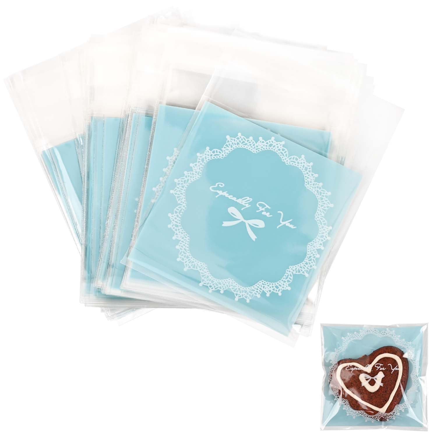 100pcs Self-Adhesive Cookie Bags Small Treat Bags for Bakery, Candy, Biscuits, Desserts, Jewelry, Gifts(Blue- 7x7cm)