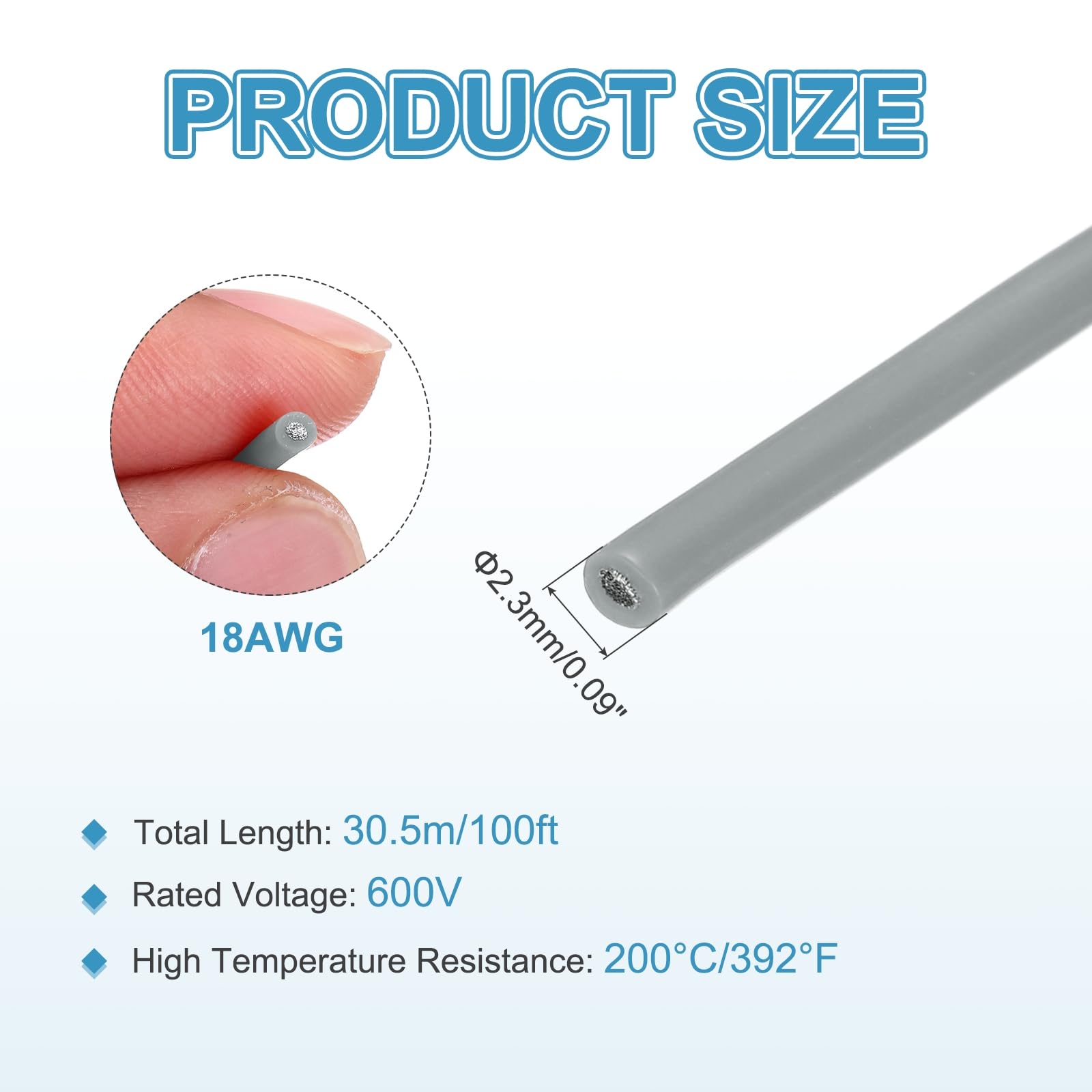 QUARKZMAN 18 AWG Fil Electrique Silicone 30.5m/100ft, 18 Gauge Bobine de Fil Électrique en Cuivre Étamé Haute Température 200 Celsius/392 Fahrenheit pour Câblage de Modèles DIY, Gris