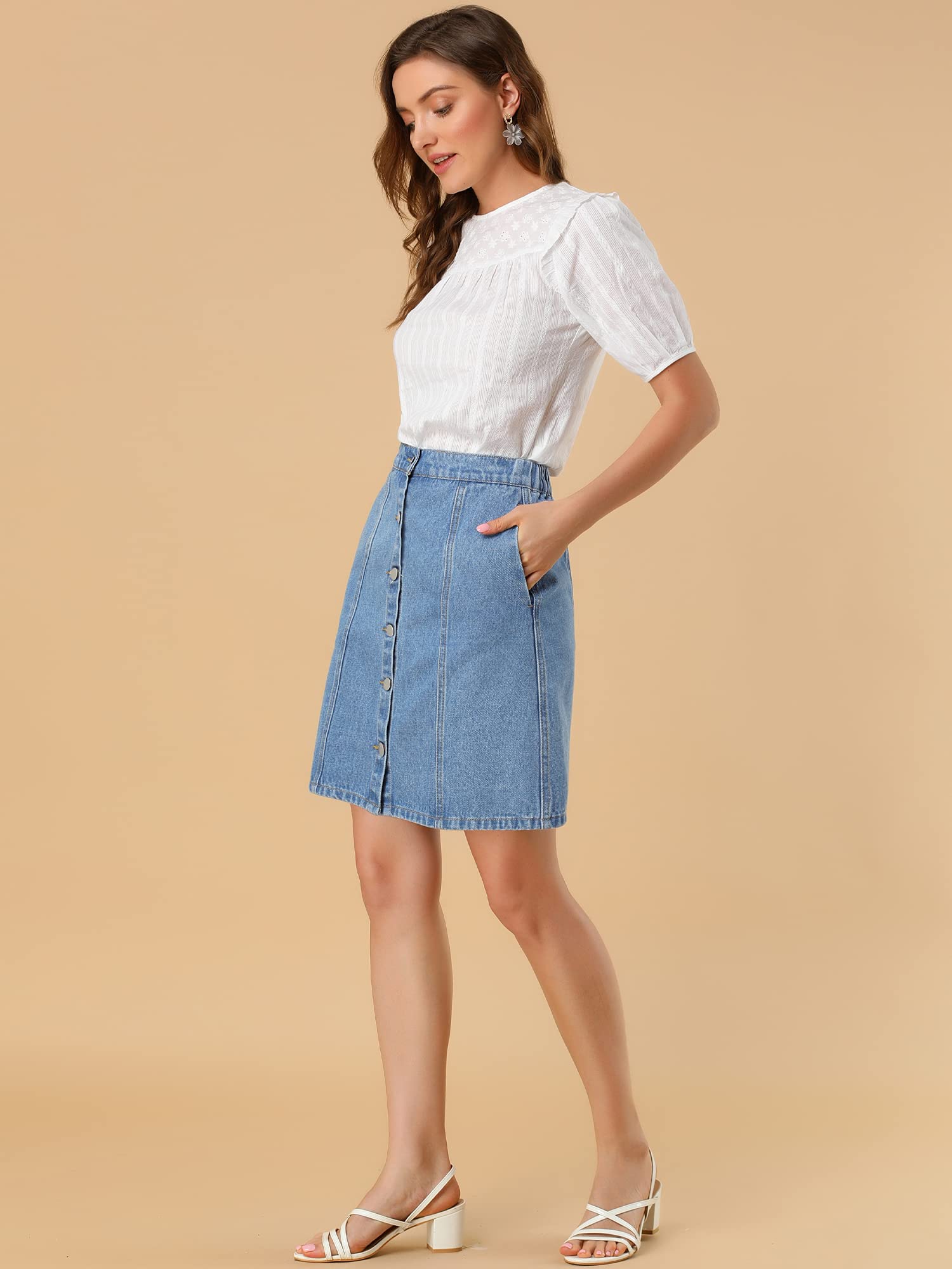 Allegra K Jupes en Jean pour Femme 2024 d'été décontractée trapèze Courte boutonnée, Bleu Ciel, Taille M