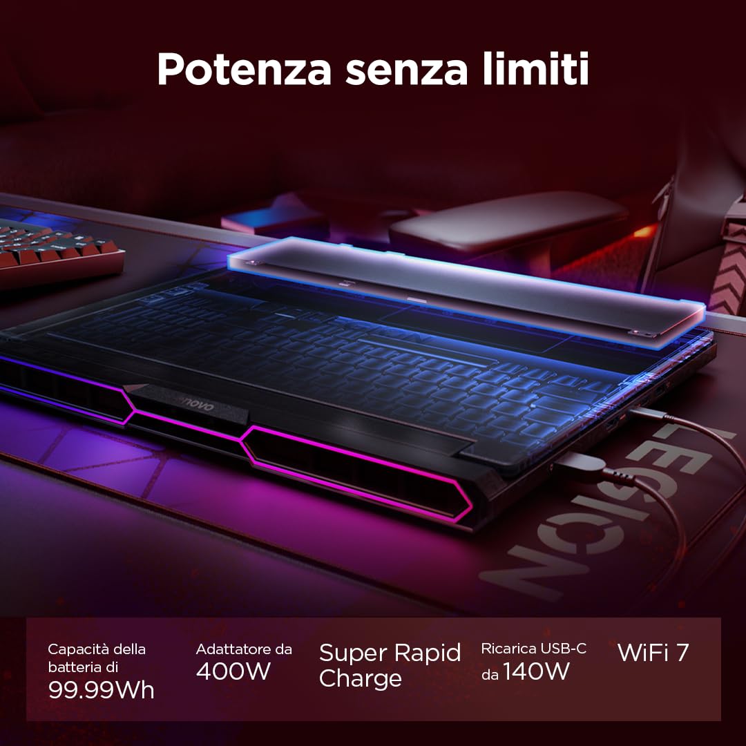 Lenovo Legion Pro 7 Gaming AI Laptop - Display OLED 16" WQXGA 240Hz, NVIDIA GeForce RTX 5080, AMD R9 9955HX3D, RAM 32GB DDR5, SSD 2TB, Windows 11, Tastiera RGB QWERTY, 3 mesi GamePass