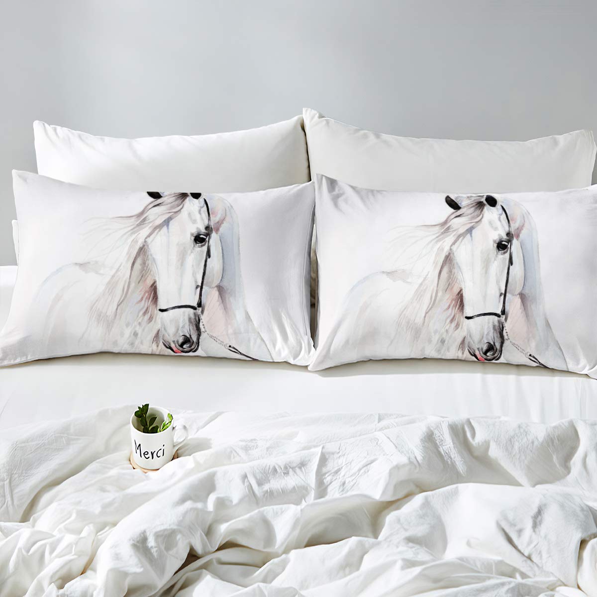 Juego de Conde Caballo Blanco,de corcel 3D,de Caballos, de Animales de 3 Piezas, Funda de edredón WildlifeTapestry Suave