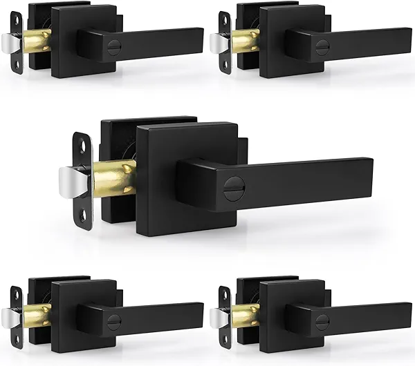 Estmoon 5 Pack Matte Black Door Handles Interior Door Knobs, Home Improvement Keyless Privacy Door Lock, Heavy Duty Zinc Alloy 2.07 lb Door Leverset for Bedrooms Bathrooms