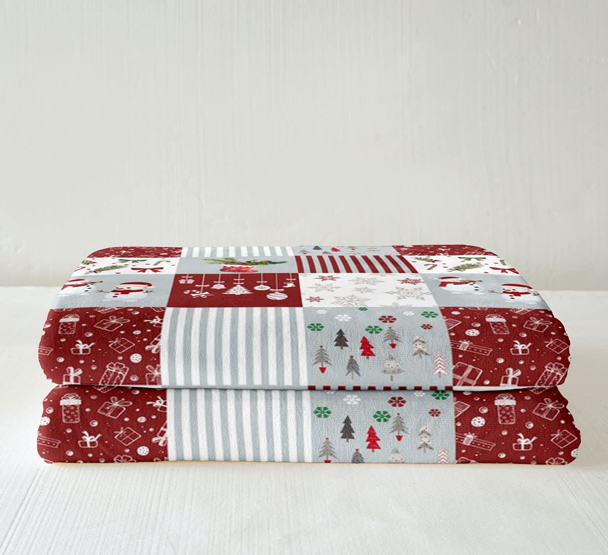 Manta de Navidad, 229x229 cm, color rojo, gris, blanco, parche de forro polar, copo de nieve, muñeco de jengibre, muñeco de nieve, manta difusa para niños, niñas, manta geométrica, a cuadros