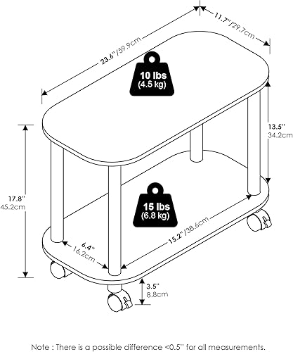Miniatura 3 de Furinno Turn-N-Tube - Mesa auxiliar ovalada de 2 niveles con ruedas, mesita de noche de esquina redonda, mesita de noche con estante abierto,