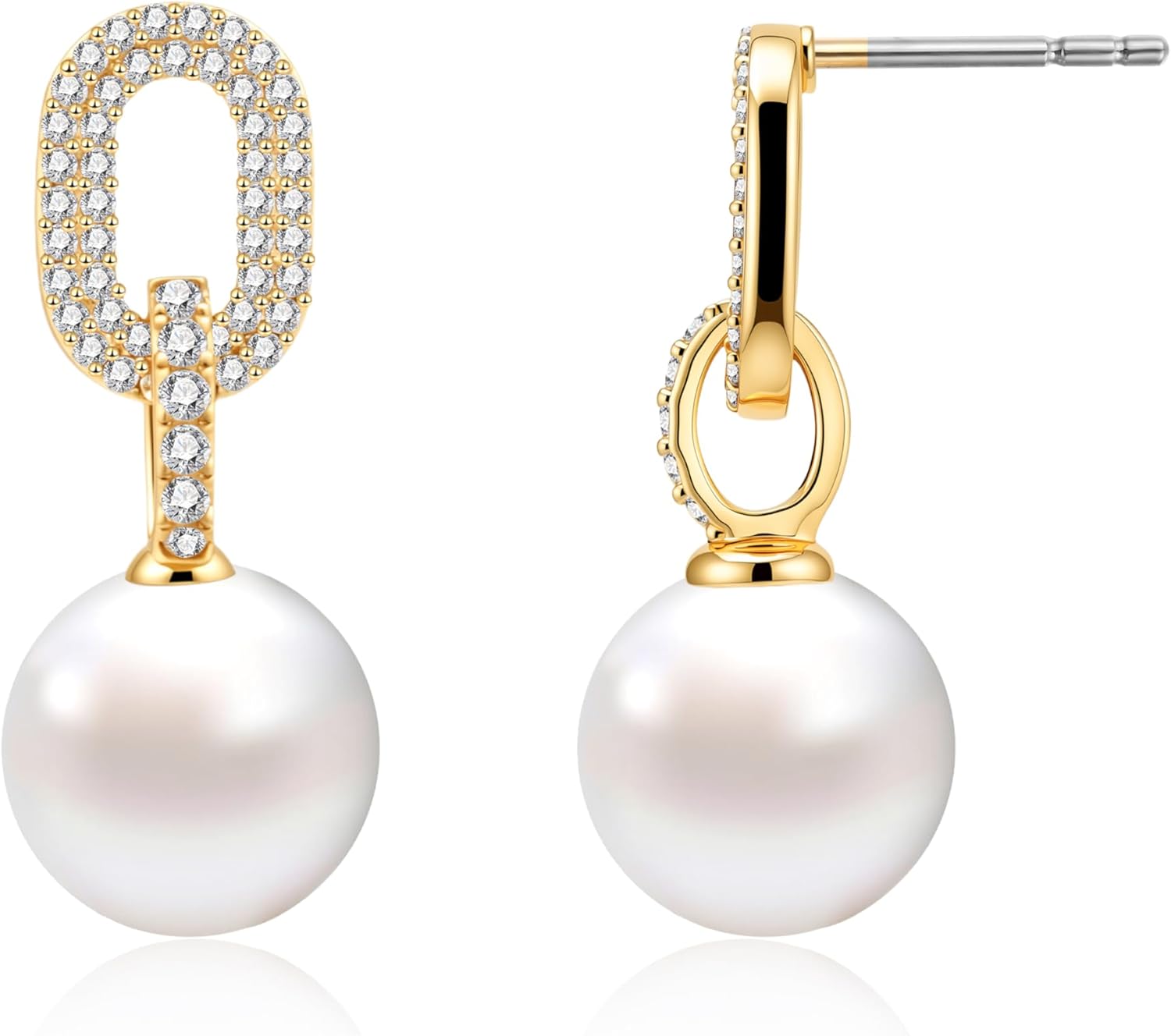 14K Gold Plated Pearl Drop Earrings for Women, Cubic Zirconia & Pearl Link Chain Dangle Earrings with Hypoallergenic S925 Silver Posts, Elegant Jewelry for Weddings, Daily Wear & Parties