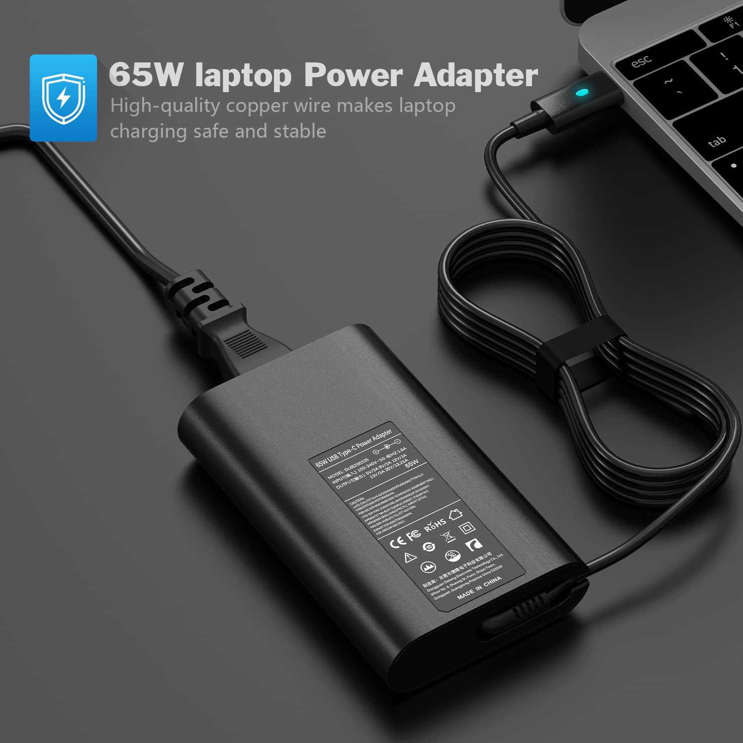 Cargador USB tipo C de 65 W para Dell LA65NM170 2YKOF, XPS 12 13, Latitude 12 7275 13 7370, Lenovo Thinkpad x1 Tablet, Asus, ZenBook, MacBook Pro, portátil con carga USB C