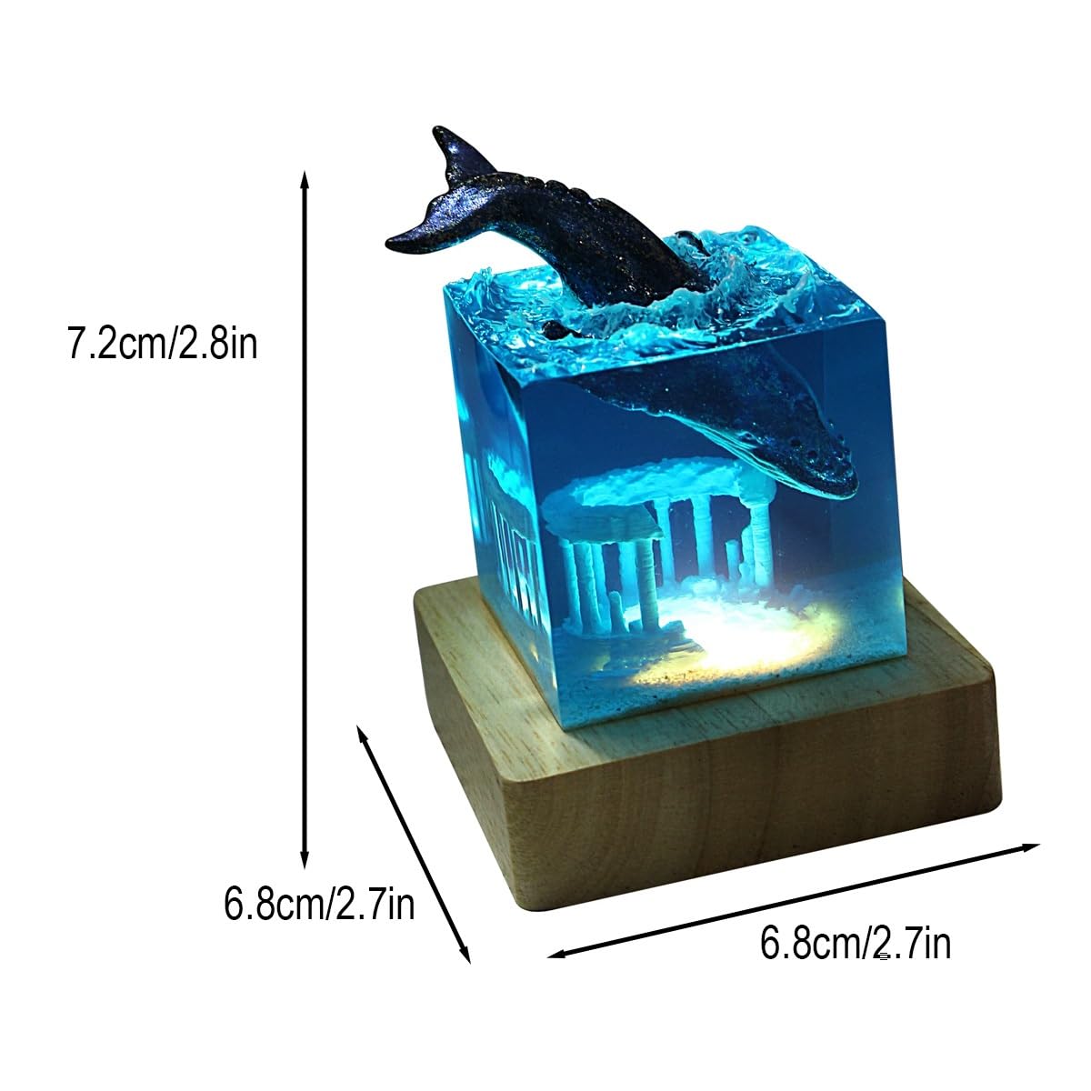 Lampada resina artigianale 3D squalo balena, luce notturna USB base legno, decorazione casa e regalo elegante