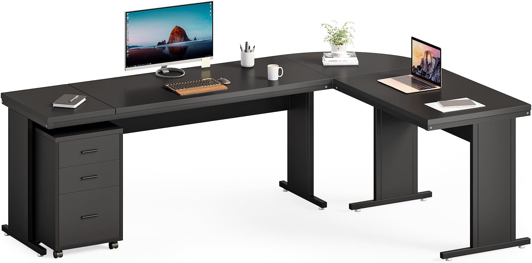 LITTLE TREE 82.67" Long Executive Desk Large L-Shaped Computer Office Desk with 3-Drawer Mobile File Cabinet, Industrial Business Furniture Desk Workstation for Home Office, Black