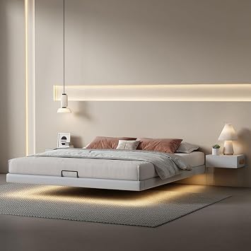 Modern Simplicity Floating Bed Frame, Full Size Bed Frame Wooden Slats Support with Headboard, Noise-Free
