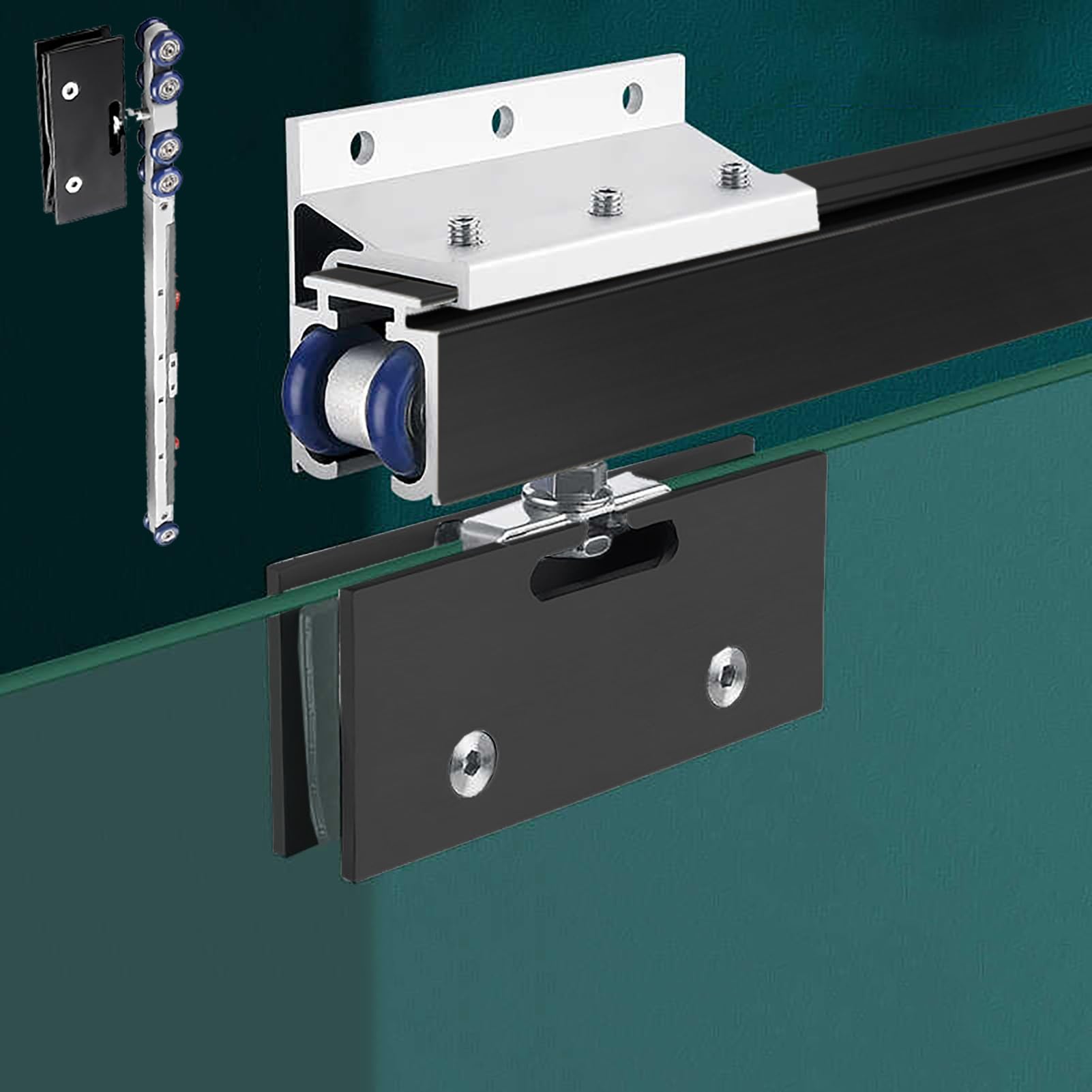 PALSINBY Sliding Glass Door Track Kit, Wall Hanging Glass Sliding Door Track Kit With Soft Close Damper(Black,190cm/6.2ft)