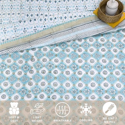 Image of TOAIArt Premium Jaipuri Dohar | AC Blanket Summer Quilt | Hand Block Printed | 3 Layers | Reversible | 150GSM 100% Mulmul Cotton | 100% Cotton Flannel Filling | Single 60 inch X 90 inch |Small Blue Jaal