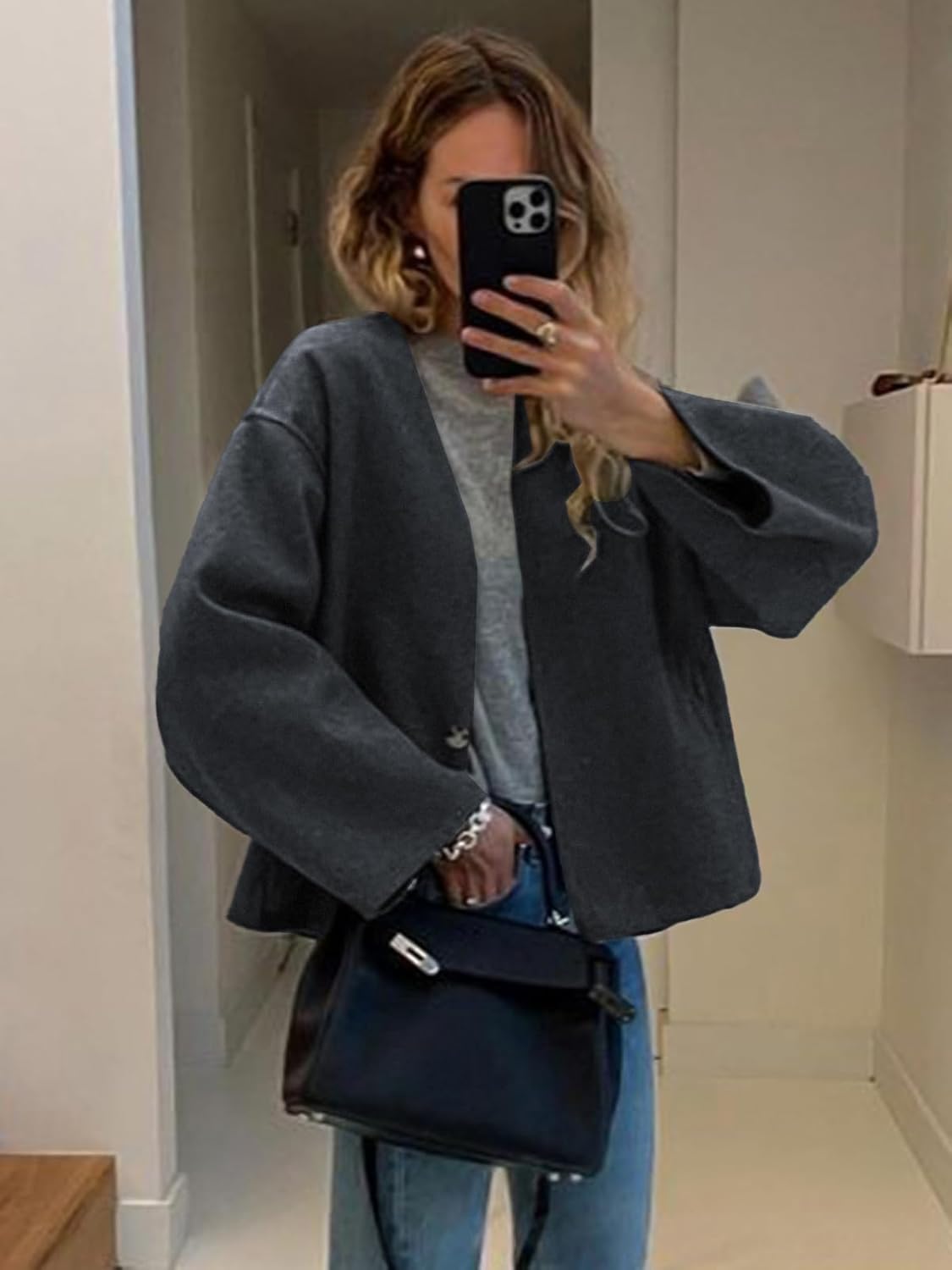 HOTIAN Women Cropped Wool Blend Coats Long Sleeve Coat Jacket Peacoat Fall Winter Outwear Overcoat - Image 3