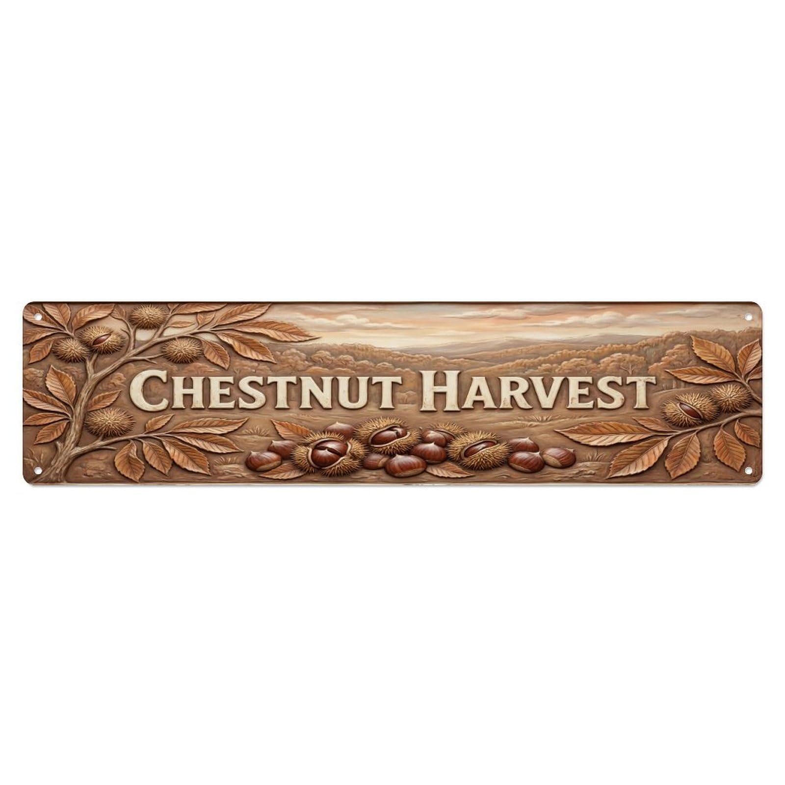 Olhnbad 4X16inch(10X40cm) Vintage Cottagecore Garden Chestnut Harvest Relief Metal Tin Sign