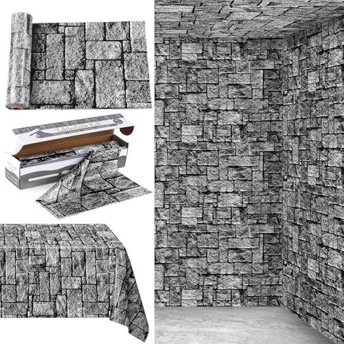 Kochorie 100 Ft x 54 Inch Stone Wall Tablecloth Roll with Cutter Box Disposable Plastic Table Cover Medieval Brick Dirt Floor Wall Backdrops for Farm Wedding Birthday Party