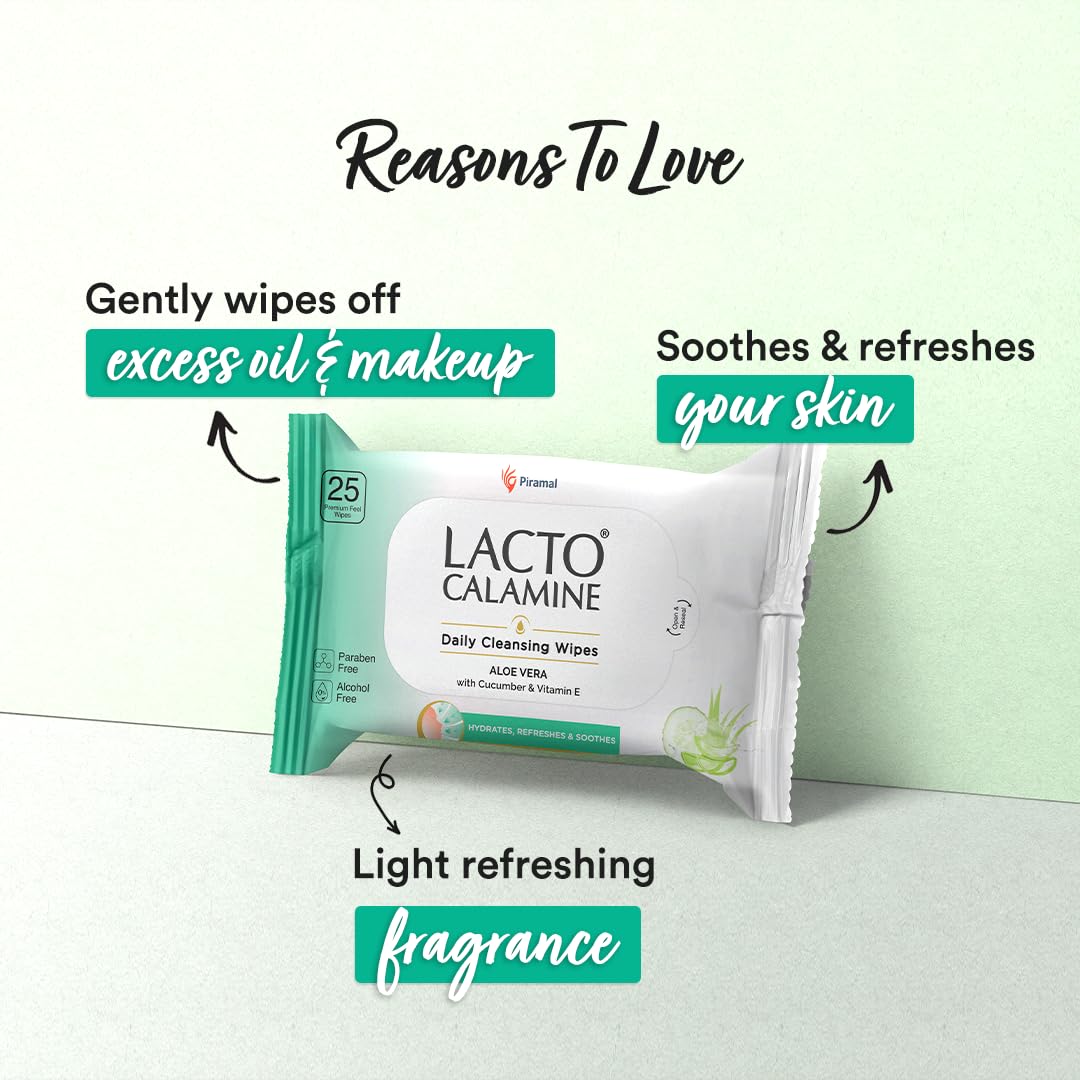 Lacto Calamine Daily Cleansing Face Wipes 25N Each - Pack of 6 | Makeup Remover Wipes | Wet Tissue for Face with Aloe Vera, Cucumber & Vitamin E | Wet Wipes for Women & Men | Paraben & Alcohol Free 1