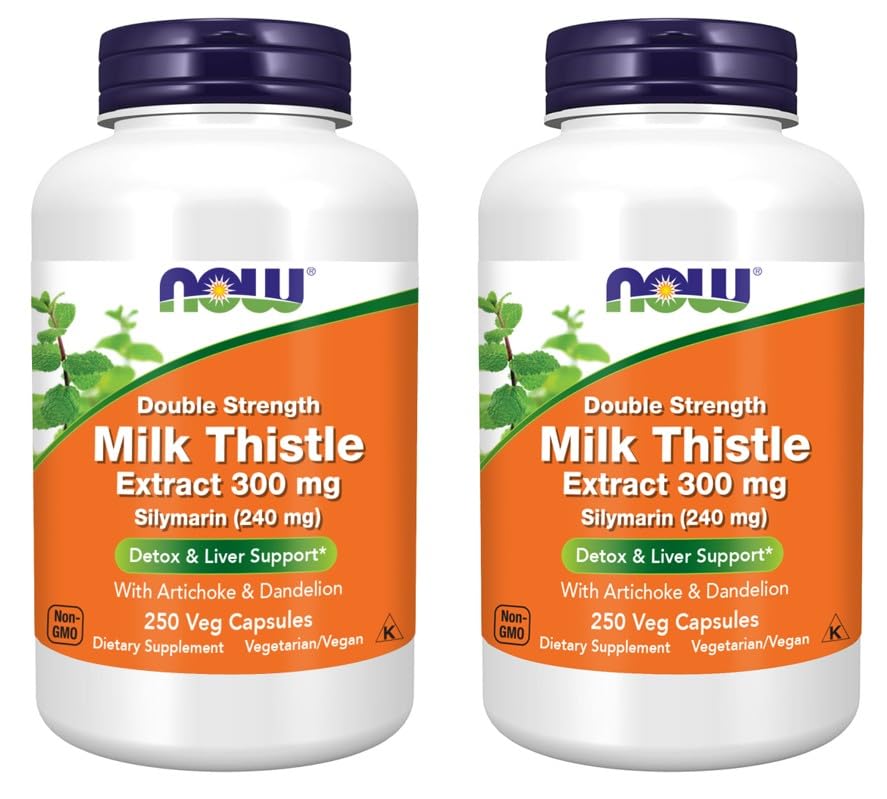 NOW Foods Supplements, Silymarin Milk Thistle Extract 300 mg with Artichoke and Dandelion, Double Strength, Supports Liver Function*, 250 Veg Capsules (250 Count (Pack of 2))