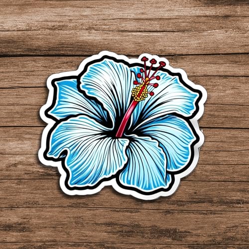 Image of Blue Hibiscus Flower Sticker Tropical Floral Vinyl Decal 5 Inch Waterproof Aesthetic Flower Sticker for Laptop Water Bottle Car Bumper Notebook Scrapbook Gift
