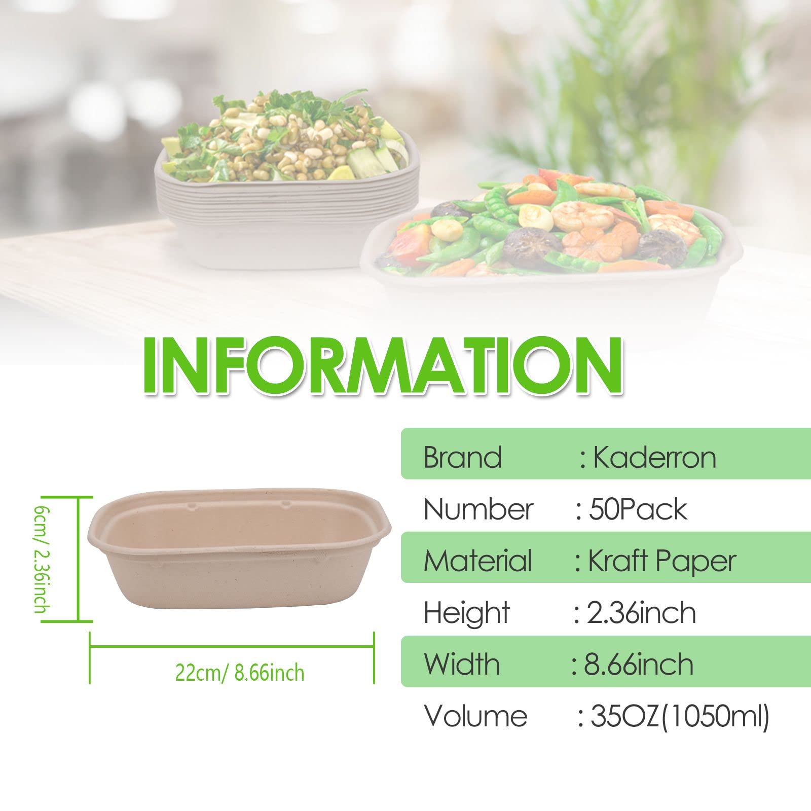 Kaderron 35 oz 50 Pack Compostable Large Paper Bowls with Lids, 100% Biodegradable Disposable Bowls Bulk Leakproof and Microwave Safe for Hot / Cold Use