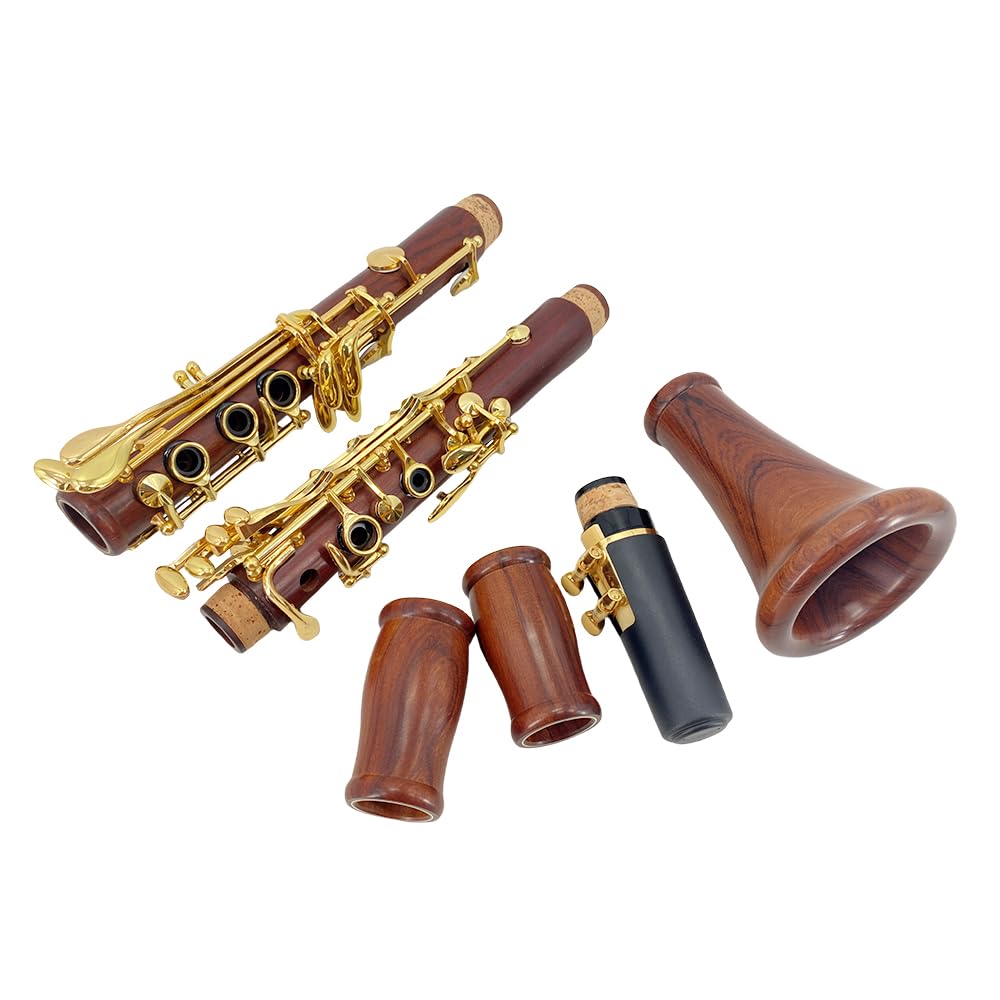 Yinfente Rosewood Clarinete Gold Plated Keys Bb flat Clarinet for Beginner Students with 2 Barrels Hard Case Cleaning Kit Mouthpice Cork Grease Gloves Reeds Professional & Intermediate Clarinet