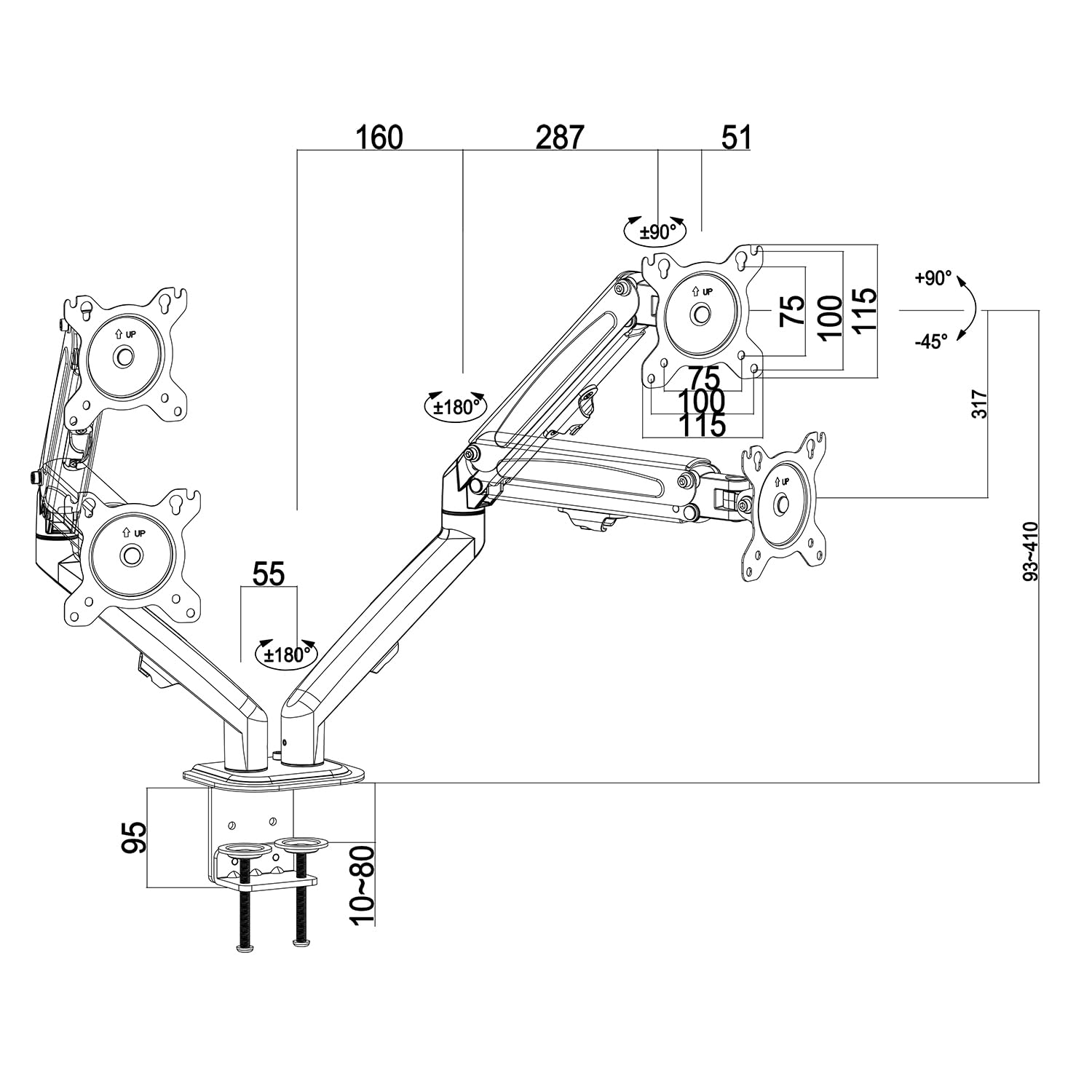 Maclean MC-861N 2-krotny uchwyt do monitora, uchwyt stołowy na 2 monitory ze sprężyną gazową, ramię monitora, uchwyt monitora od 13"-27" do 14 kg (2 x 7 kg) VESA 75 x 75 100 x 100 cm, czarny