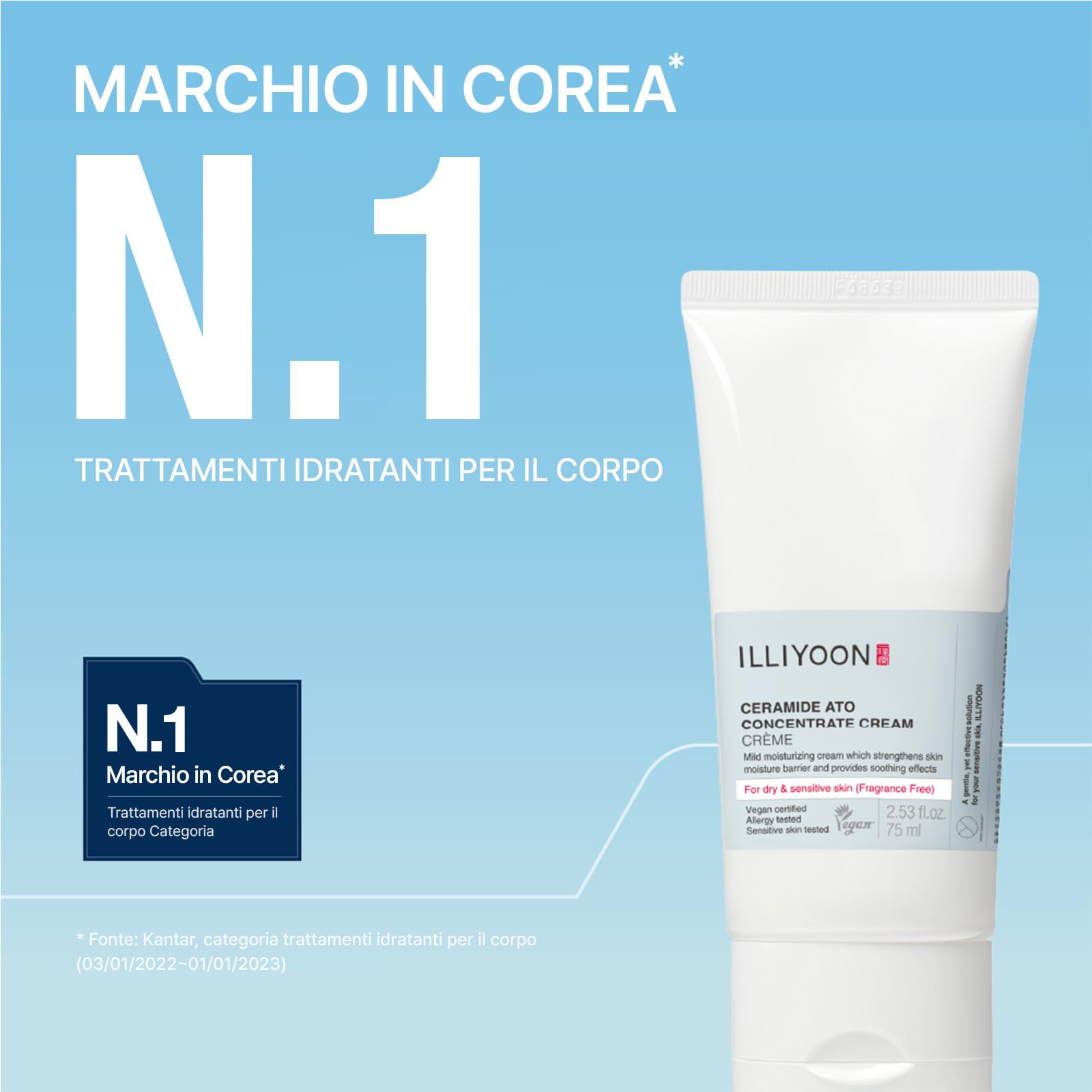 ILLIYOON Ceramide Ato Crema Concentrata 75ml, idratante per pelli secche e sensibili, idratazione per 100 ore, ripristina la barriera cutanea, delicata per neonati adulti, vegana, senza profumi