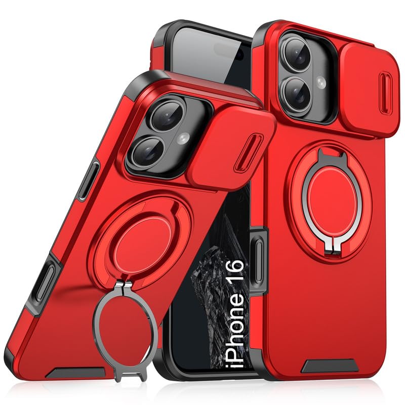Image of LuxuryKase Shockproof Rugged Case for iPhone 16 | Slide Camera Cover | 360 Rotating Ring Kickstand | Military-Grade Protection - Cherry Red