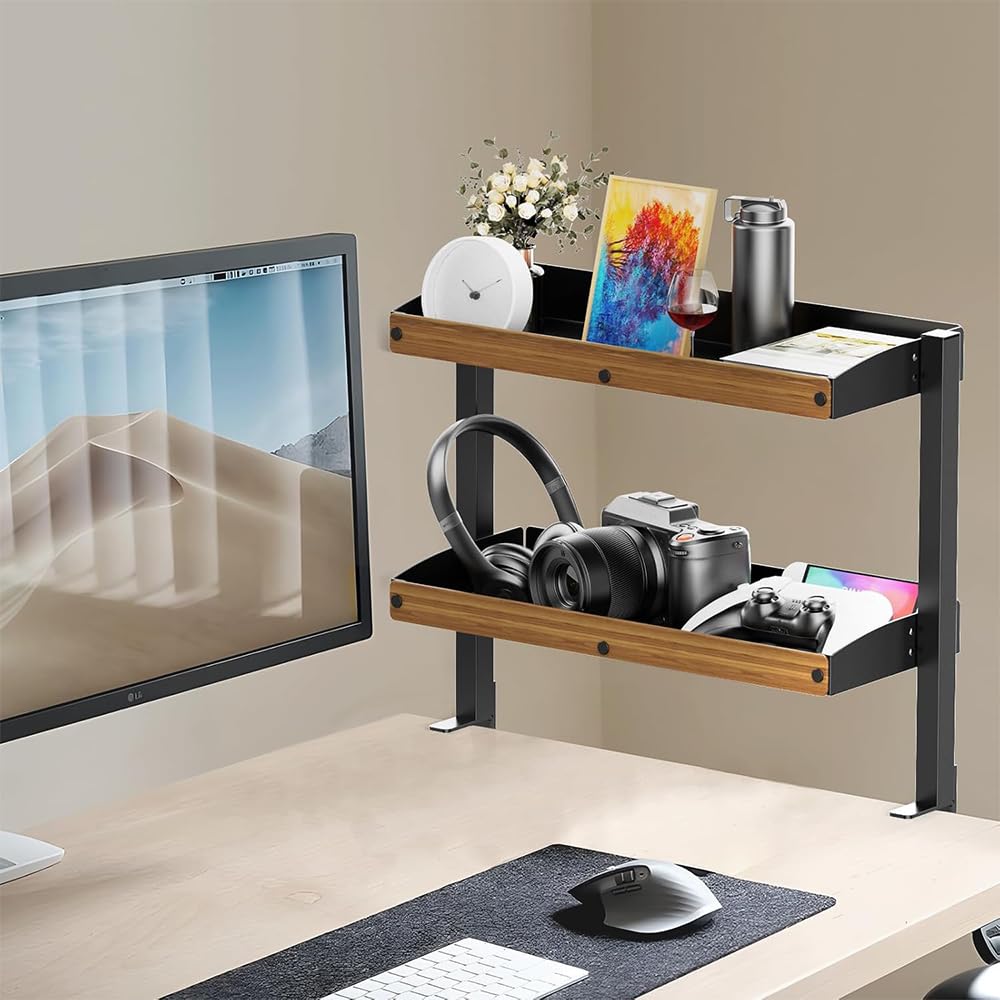 Organisateur de Bureau à Pince avec Plateau de Gestion des Câbles sous Le Bureau, Étagère de Bureau à Pince à 2 Niveaux avec Plateau de Rangement Réglable pour Accessoires de Table