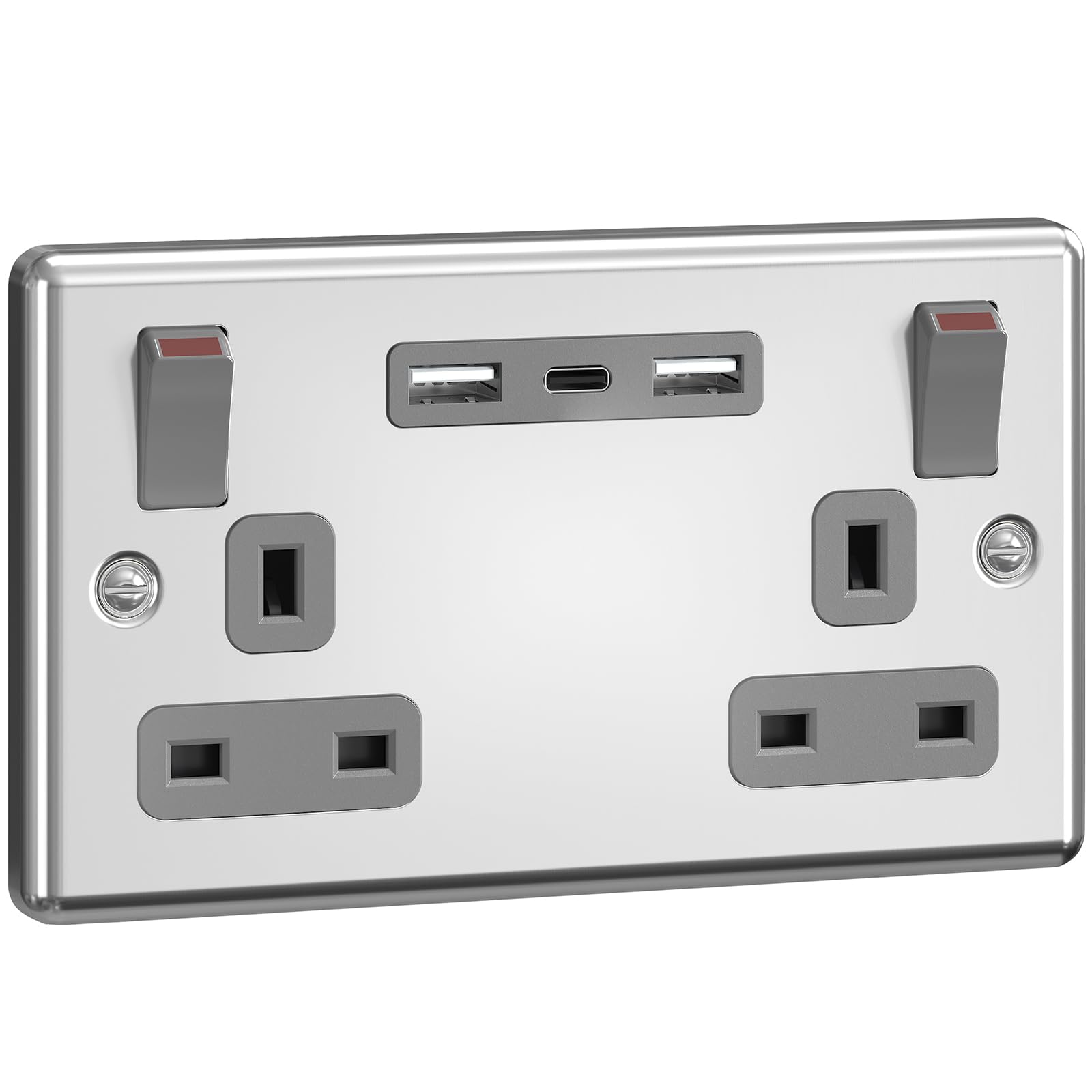SURAIELEC Chrome Double Plug Socket with USB C, 2 Gang 13A Switched Brushed Steel Wall Socket, 18W USB Fast Charge (2 USB-A + 1 USB-C), Child Safe, Silver Grey, Fits 25mm Back Box