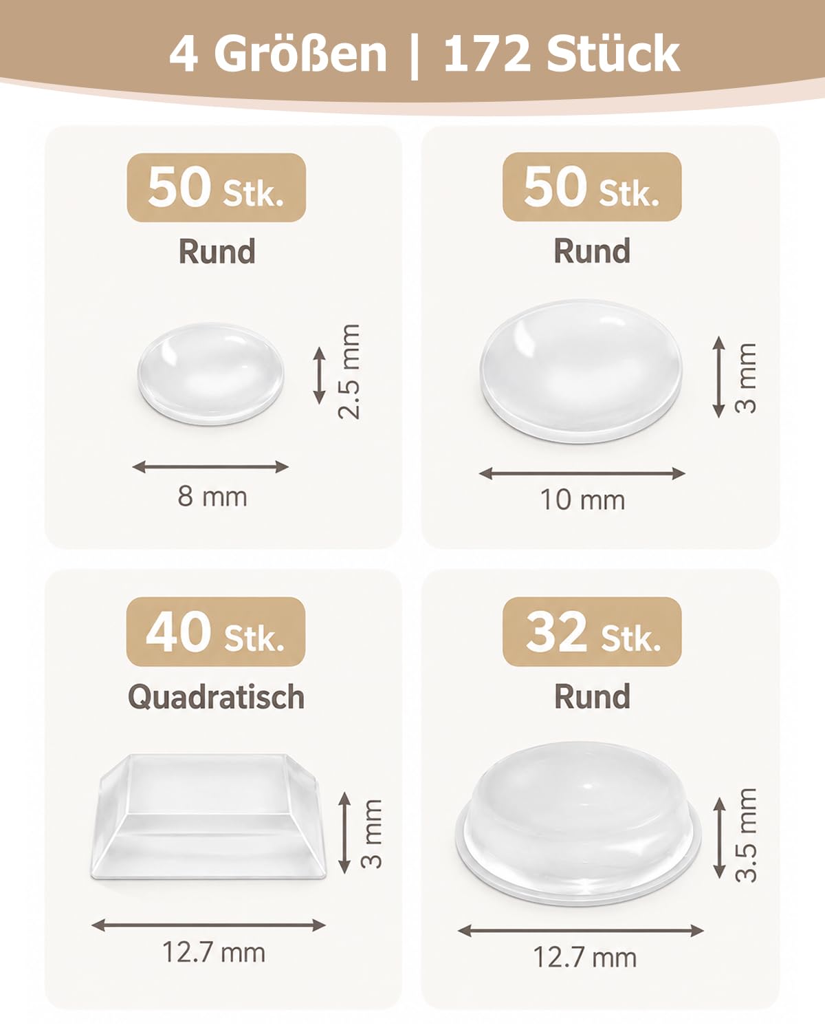 VABNEER 172 sztuk gumowe nóżki, samoprzylepne gumowe nóżki do drzwi szafek, kuchni, łazienki, biura (4 rozmiary) | Odbojnik do drzwi, szafek i mebli, zapobiega ślizganiu się, zapobiega zarysowaniom, zapobiega hałasowi