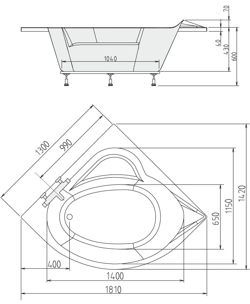 Wanna narożna SIRIUS 130 x 130 cm, głębokość 43 cm, z zestawem odpływowym i nóżkami wanny