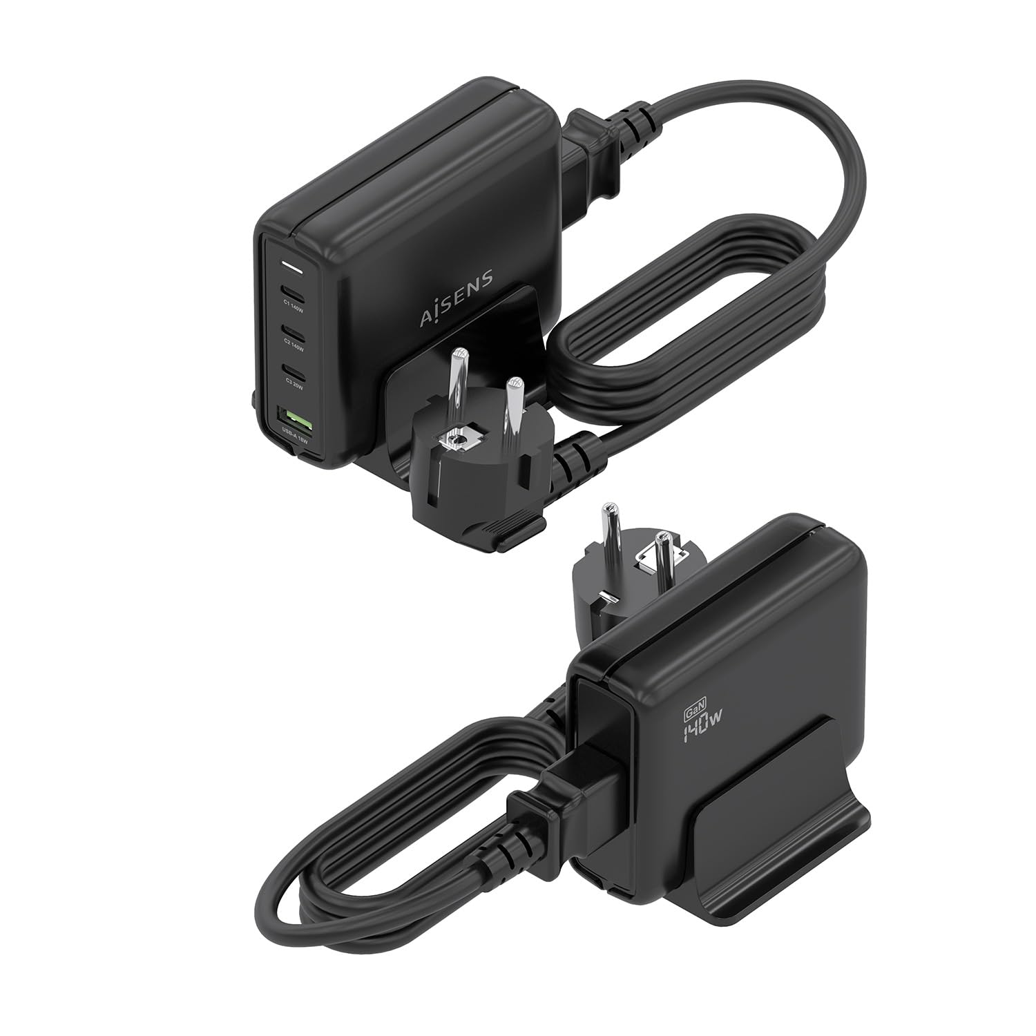 AISENS Cargador sobremesa GAN 140 W, 3 x USB-C PD3.1 QC4.0 QC5.0, 1 x USB-A QC3.0, Negro
