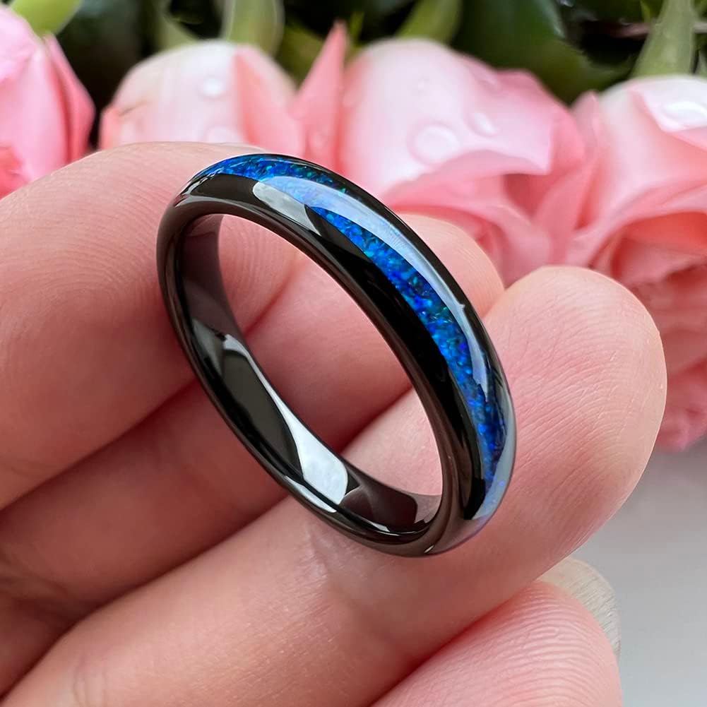 TUTISS 4mm Silver/Black Tungsten Rings for Women Men Engagement Wedding Bands Genuine Blue Green Galaxy Opal Inlay Domed Polished Comfort Fit