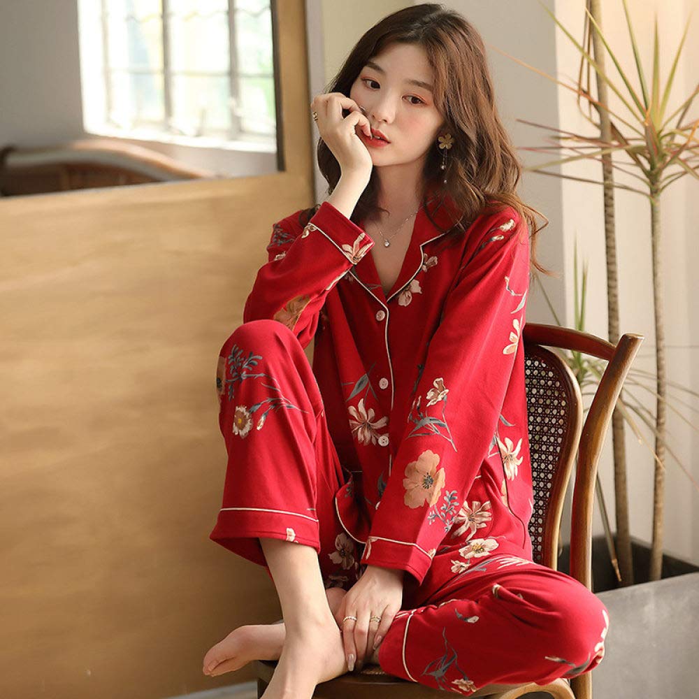 Manga Larga Pijama De Mujer De Dos Piezas,Conjunto De Pijama De Manga Larga para Mujer, Cuello Clásico con Muesca, Suave Y Cómodo, Algodón Puro, Rojo, Ropa De Salón, Pijama De Otoño Invierno Pa
