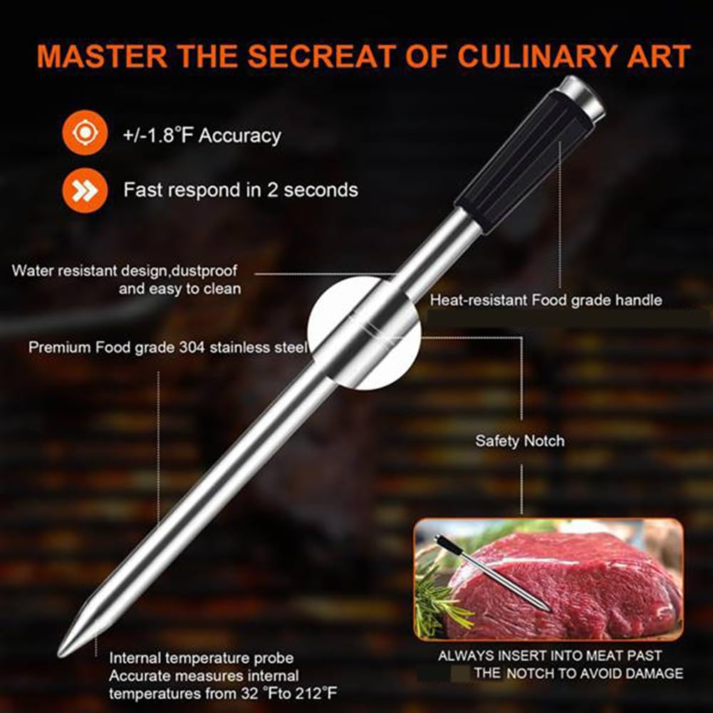 Termometro per Carne Wireless per BBQ e Cottura al Forno, Impermeabile, Termometro Alimentare Bluetooth, Termometro per Alimenti, Termometro per Carne