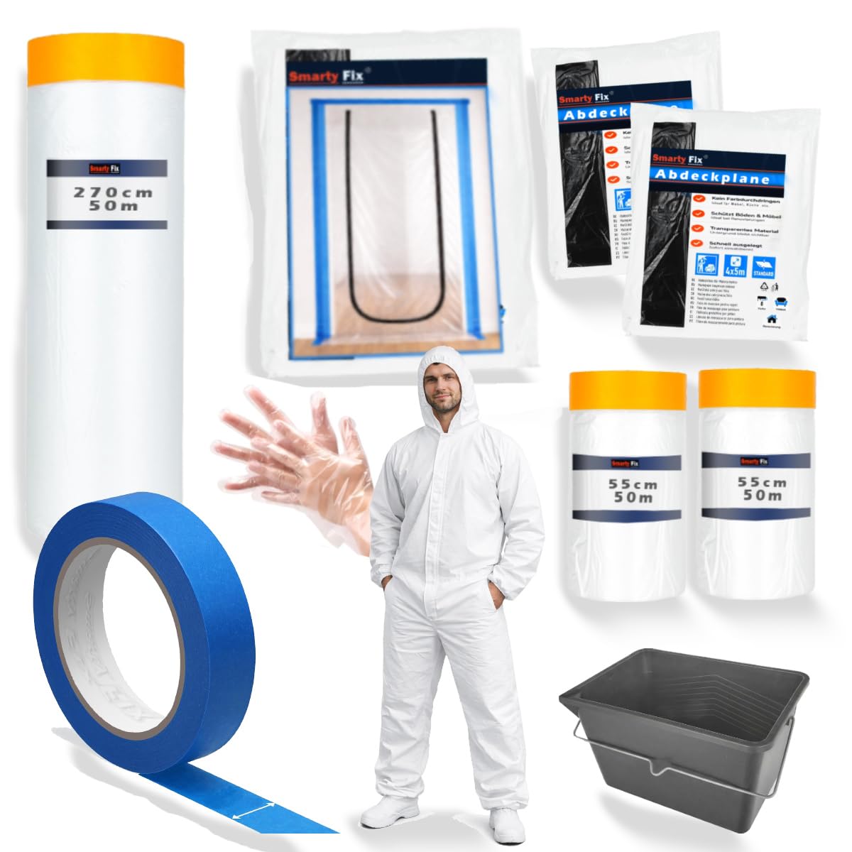Malerset 11-teilig – Abdeckset Renovierung mit Staubschutztür Abdeckfolie Malervlies 270cm & 55cm Malerkrepp 38mm Schutzanzug L Handschuhe Eimer 8L | Profi-Set zum Streichen & Umzug DIY | Perfekt abgestimmtes 11‑teiliges Set für präzise, saubere und stres
