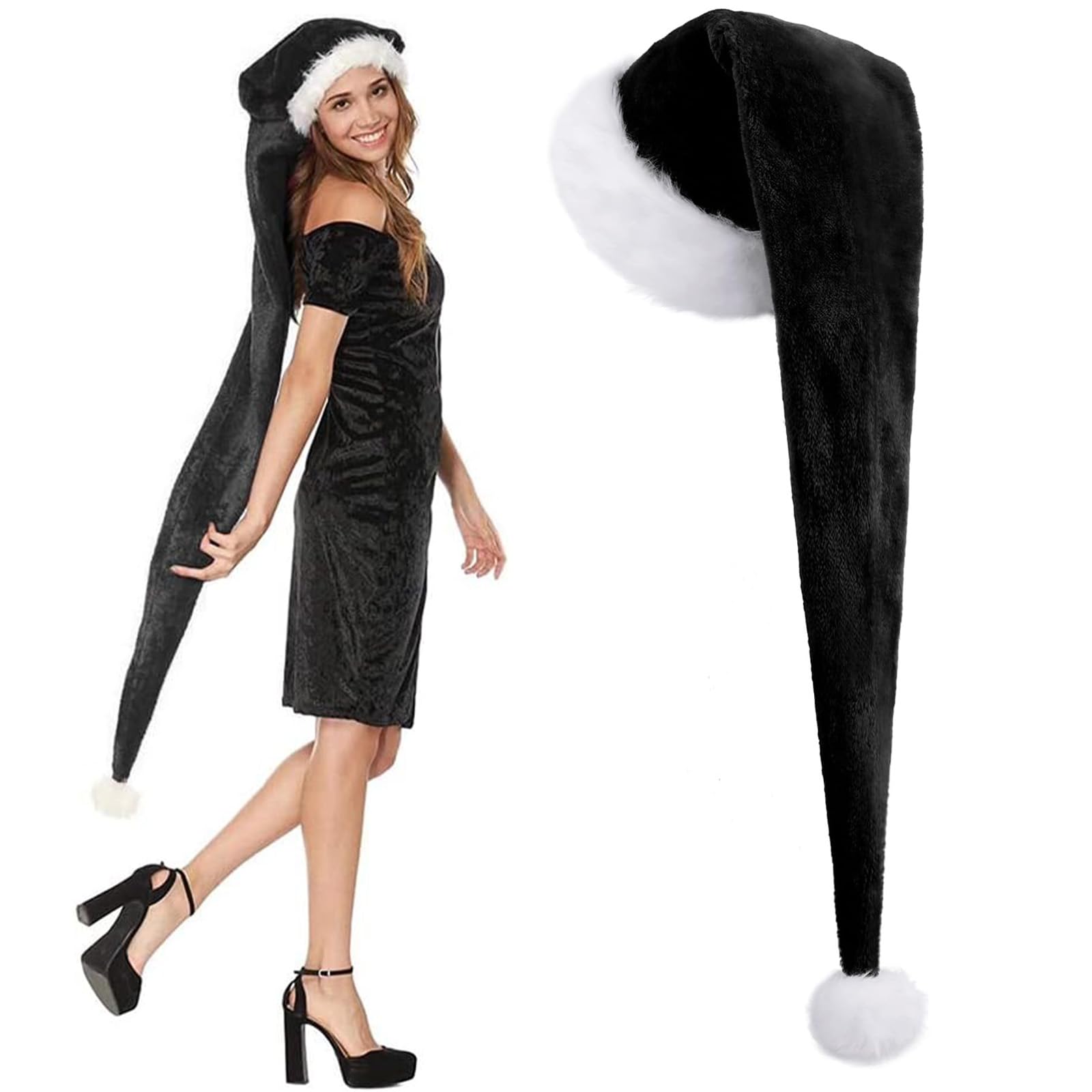 150cm Christmas Hats Santa Hat for Adults,Long Deluxe Velvet Xmas Santa Claus Hat,Unisex Velvet Comfort Christmas Party Hat Thicken Classic Fur for New Year Festive Christmas Party Supplies(Black)