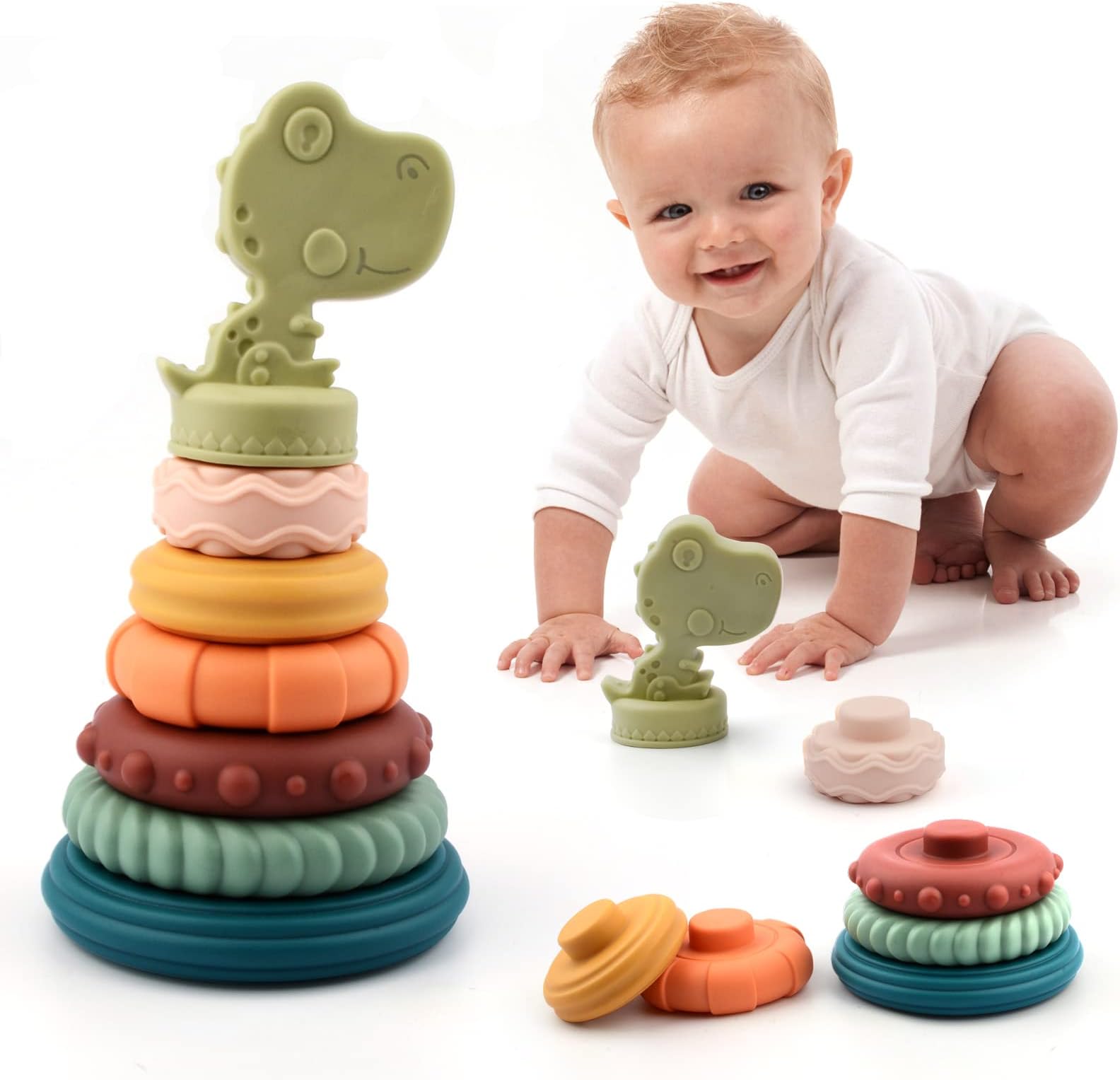 7Pcs Dinosaur Baby Stacking Toys, Nesting Circle Toy Building Rings Stacker & Teethers Squeeze Play with Early Educational Toy Baby Essentials for 6 9 12 15 18 Months Newborn Toddler