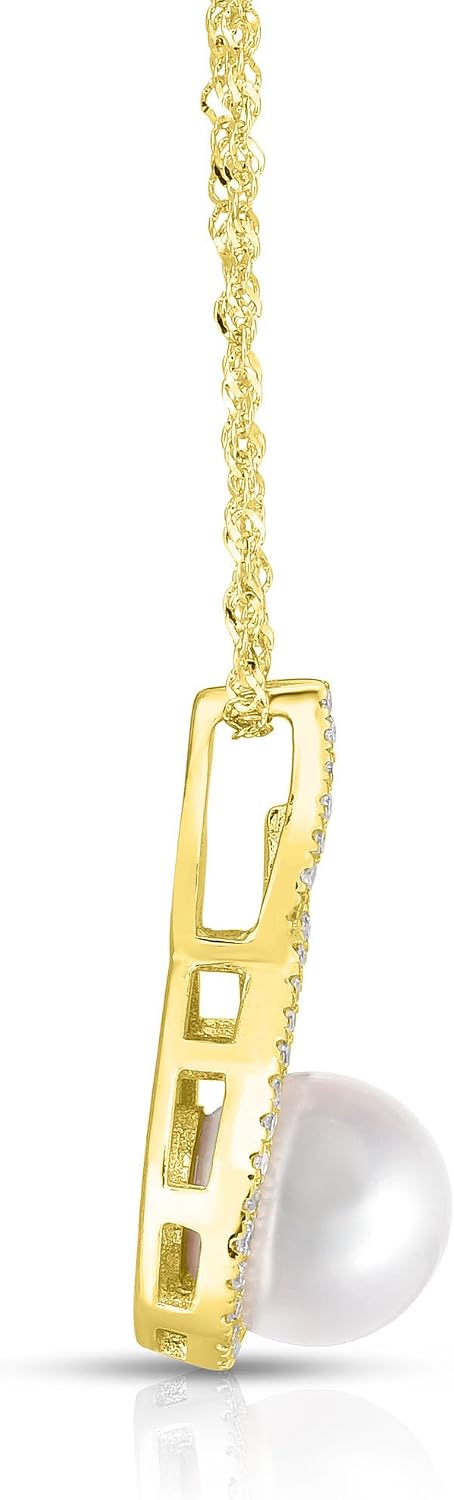 14K Solid Gold Freshwater Pearl 7mm, Diamond Pendant Necklace