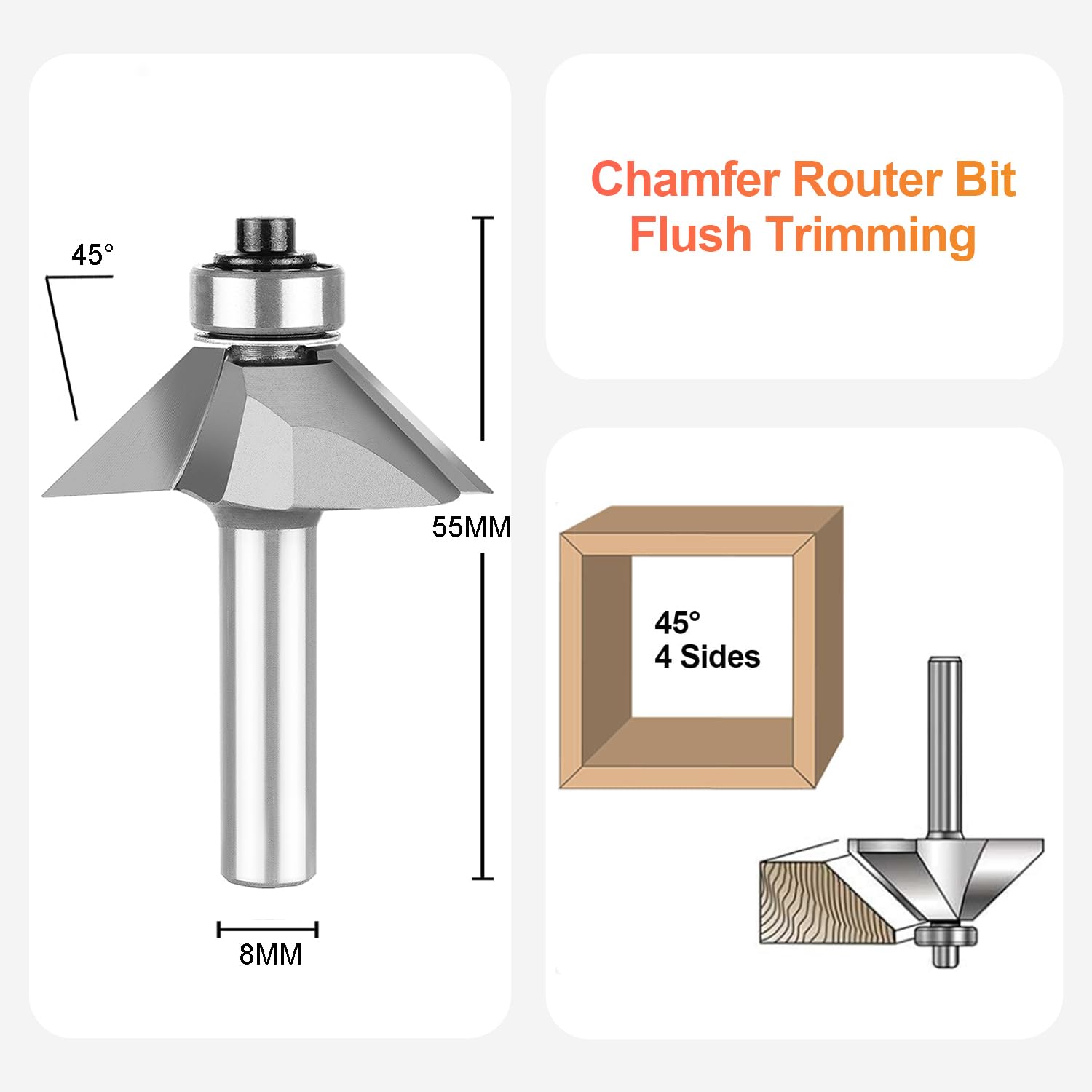 SpeTool Fraise Defonceuse 8mm Fraise à Chanfreiner à 45 Degrés avec Roulement à Billes Chanfrein Routeur Bit Fraise CNC à Biseauter Fraise Bois pour le Chanfreinage du Bois Outil de Coupe à Découper