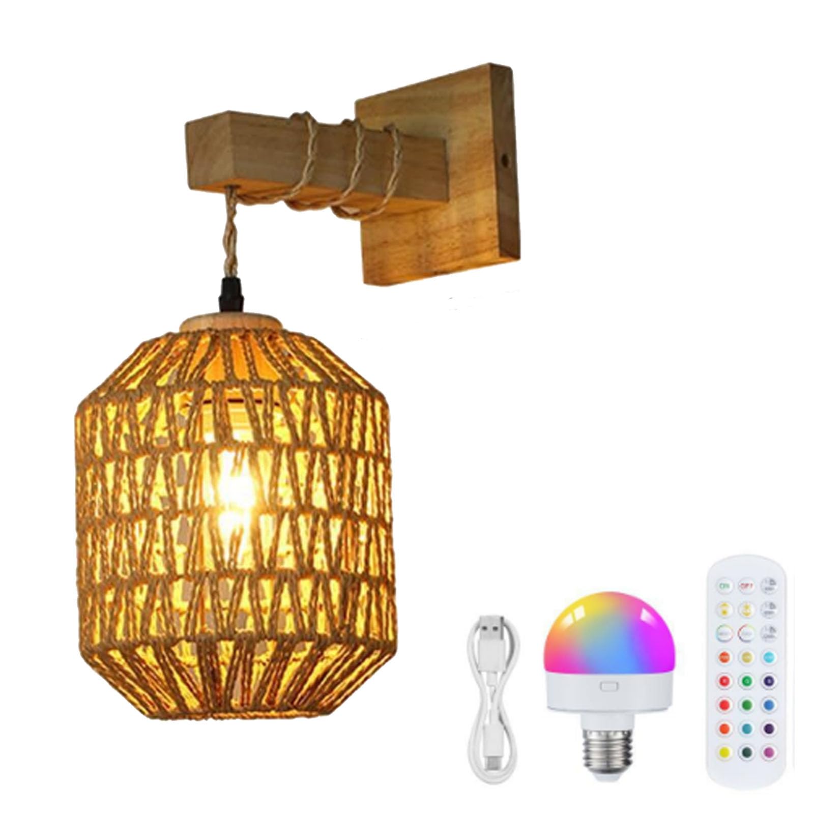 FZQSXAZU Remote Battery Operated Light Sconces Wall Decor Set of 2,Boho Sconces,Battery Rechargeable Rattan Wicker,Dimmable Wireless Lamp for Bedroom,Hallway,Entryway(Size:1pcs,Color:C)