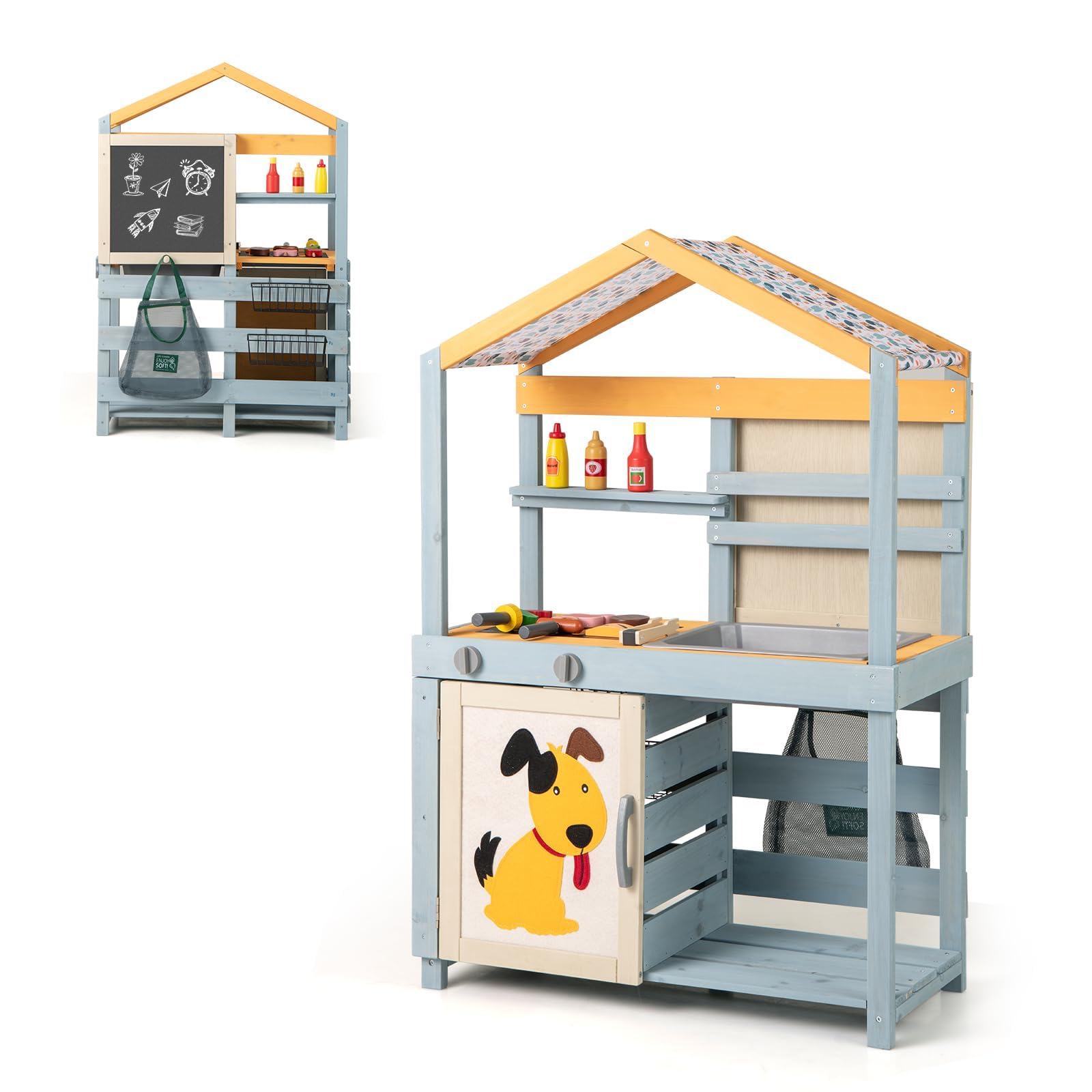 COSTWAY 2-IN-1 Matschküche Kinder Outdoor, Kinderküche Holz mit Tasche & Körben, Tafel & Zubehör, Spielküche mit ausnehmbarem Spülbecken, Outdoorküche für Kinder ab 3 Jahren