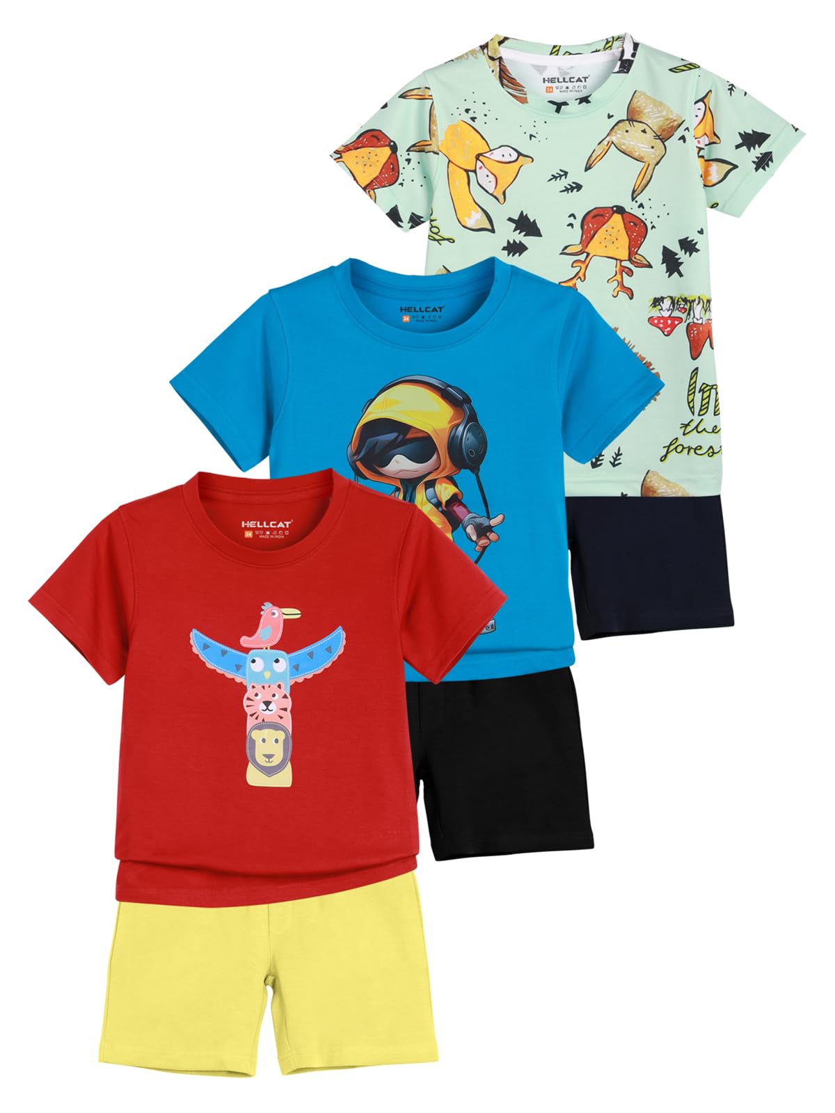 HELLCAT Boys & Infants Dress Clothing Set Combo with Tshirts & Shorts - Pack of 3 | Co-ord Set for Boys