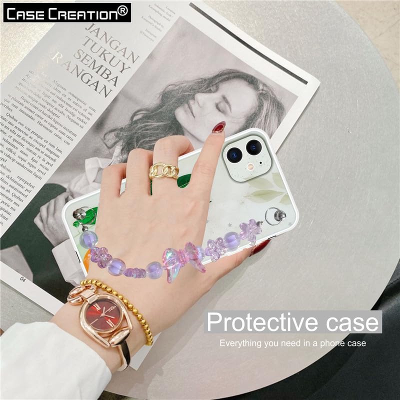 Image of COVERLY for iPhone 12 Pro Fashion Wrist Bracelet Chain Case,Green Flowers Cute Abstract Butterfly Sling Strap Sparkle Love Hearts Hanging Girlish Silicon Aesthetic Back Cover for Apple iPhone 12 Pro