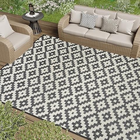 PADOOR Geometric Woven Outdoor Rug, 4x6 ft, Black & Cream, Modern, UV-Resistant, Non-Slip, Stain-Resistant, Pet-Friendly, Durable, Easy to Care, Area Rug for Patio Backyard Decor Cover