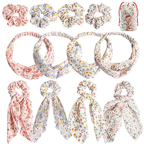 Scarf Scrunchies Women Hair Ties - 12 Pcs Chiffon Hair Bands Set for Women, Elastic Flowered Ponytail Holder, Soft Hair Hair Bow Hair Accessories for Women