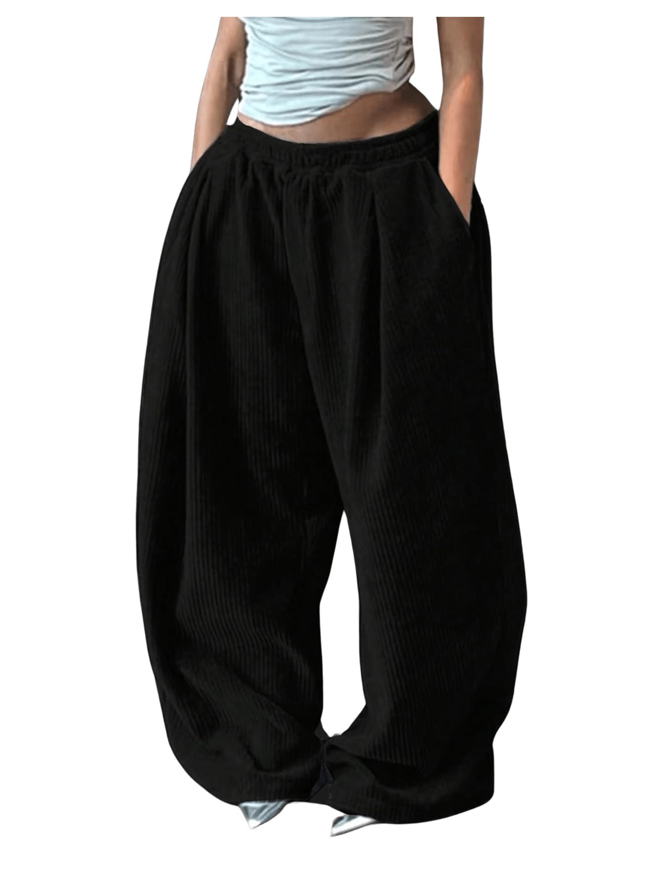 Verdusa Womens Wide Leg Baggy Corduroy Pants Casual Long Trousers with Pockets