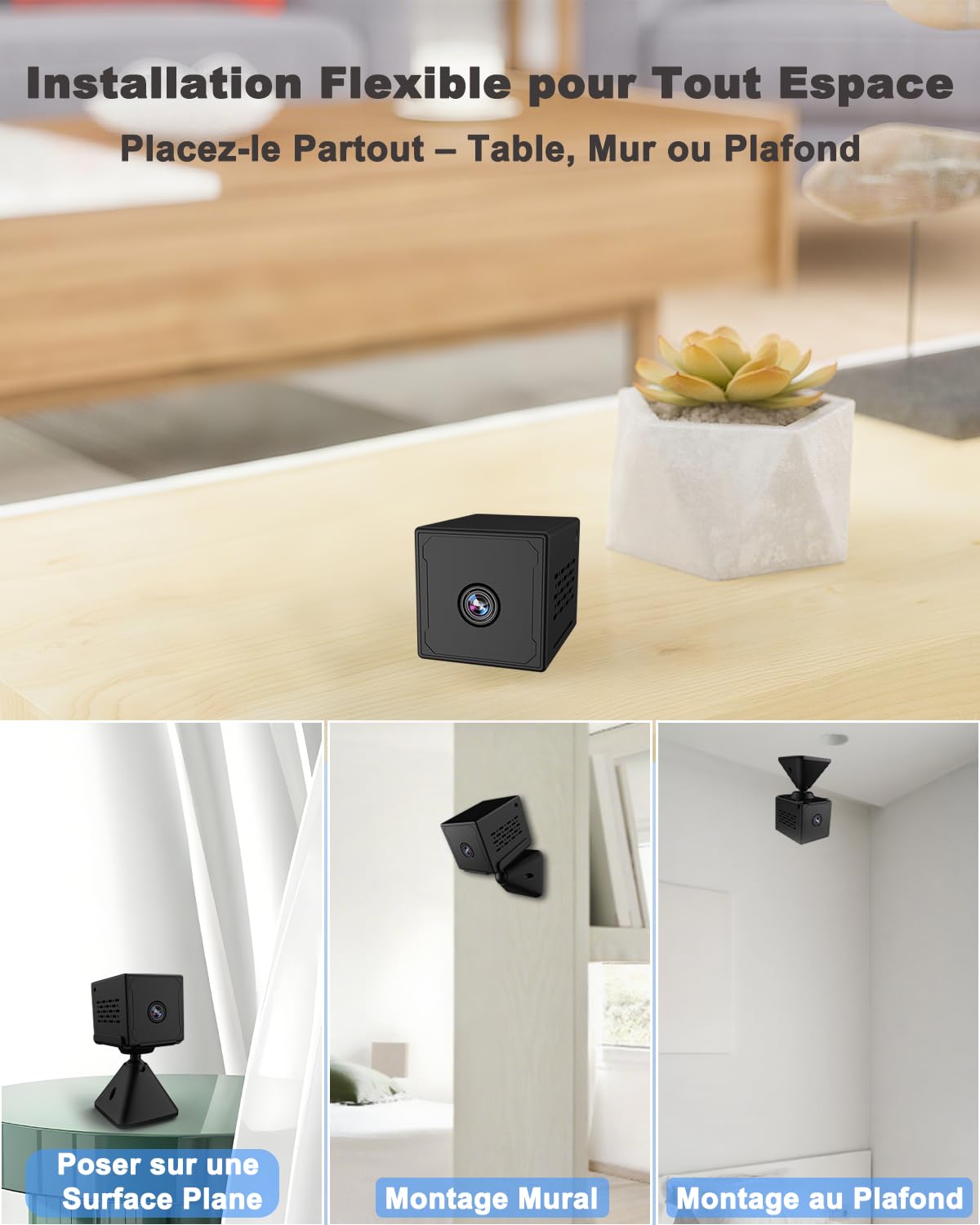 Camera Espion, 4K FHD Mini Camera Espion sans Fil avec Carte Mémoire de 64 Go, WiFI/Sans WiFI Camera de Surveillance Interieur/Extérieur, 2000mAh Batterie, Vision Nocturne, Détection Mouvement(Noir)