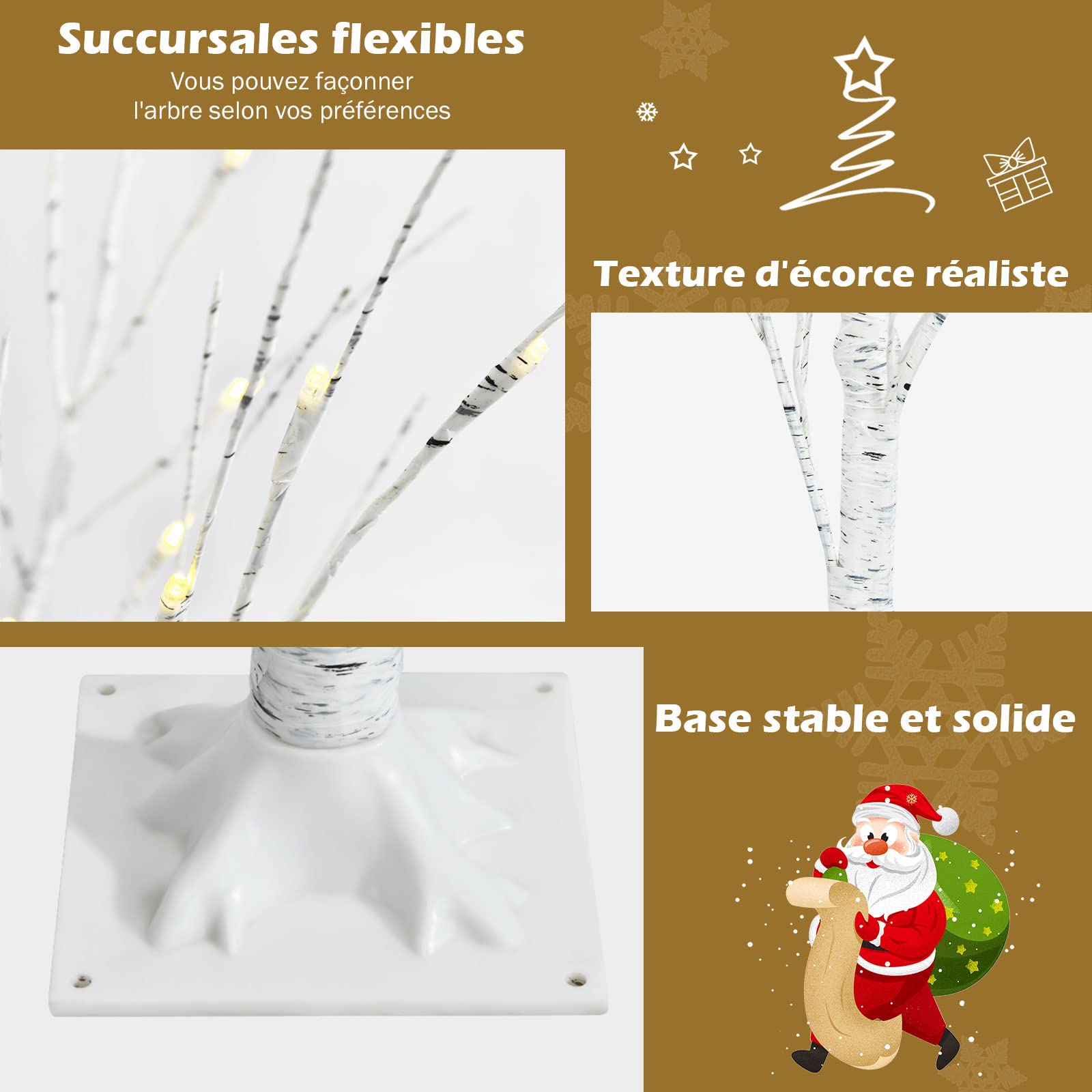 GOPLUS Sapin de Noel Lumineux 180 CM, Sapin de Noel Blanc à 96 Lumières LED avec Branches Mortes, Bouleau Noël Lumineux Arbre de Noël Artificiel