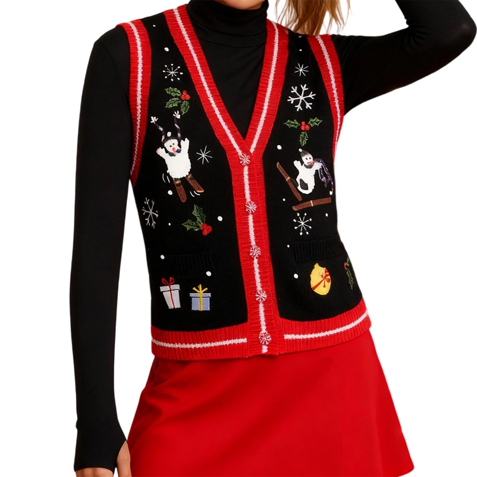 Women Christmas Sweater Vest Funny Graphic Sleeveless Button Down Cardigan Ugly Xmas Holiday Knit Tank Tops